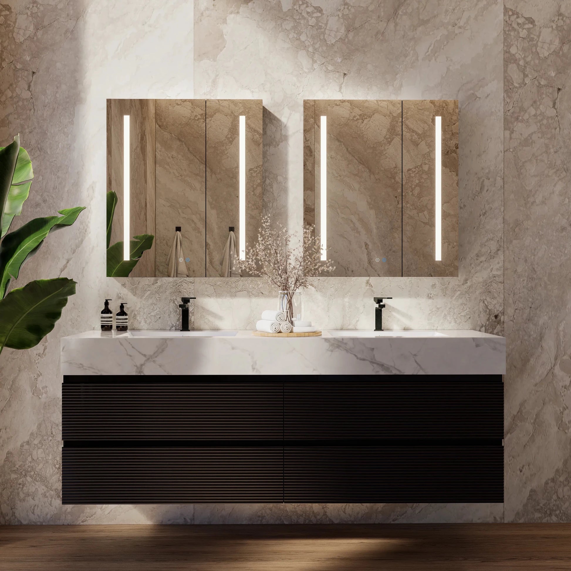 60" Black Fluted Floating Vanity with Seamless Stone Double Sink - VanityIce Grey