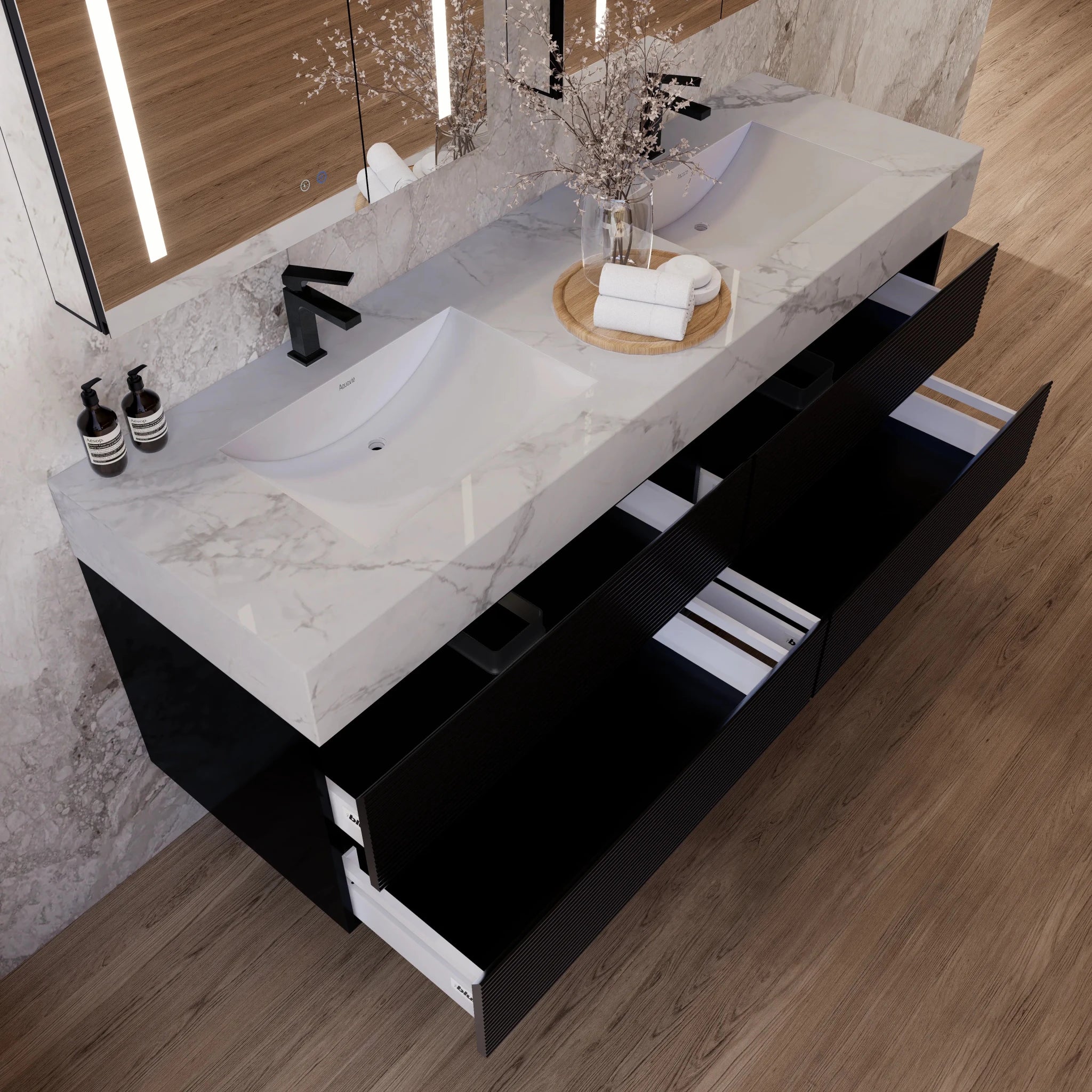 60" Black Fluted Floating Vanity with Seamless Stone Double Sink - VanityIce Grey