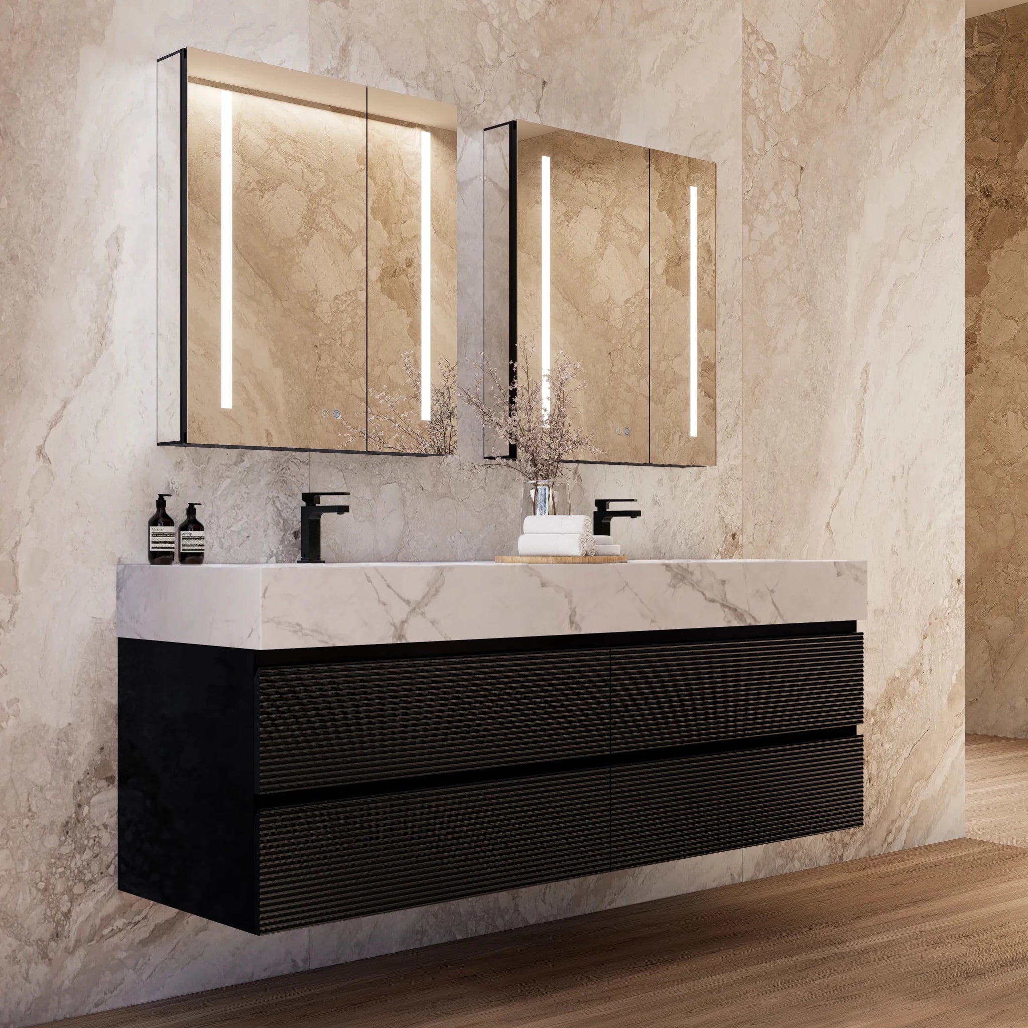 60" Black Fluted Floating Vanity with Seamless Stone Double Sink - VanityIce Grey