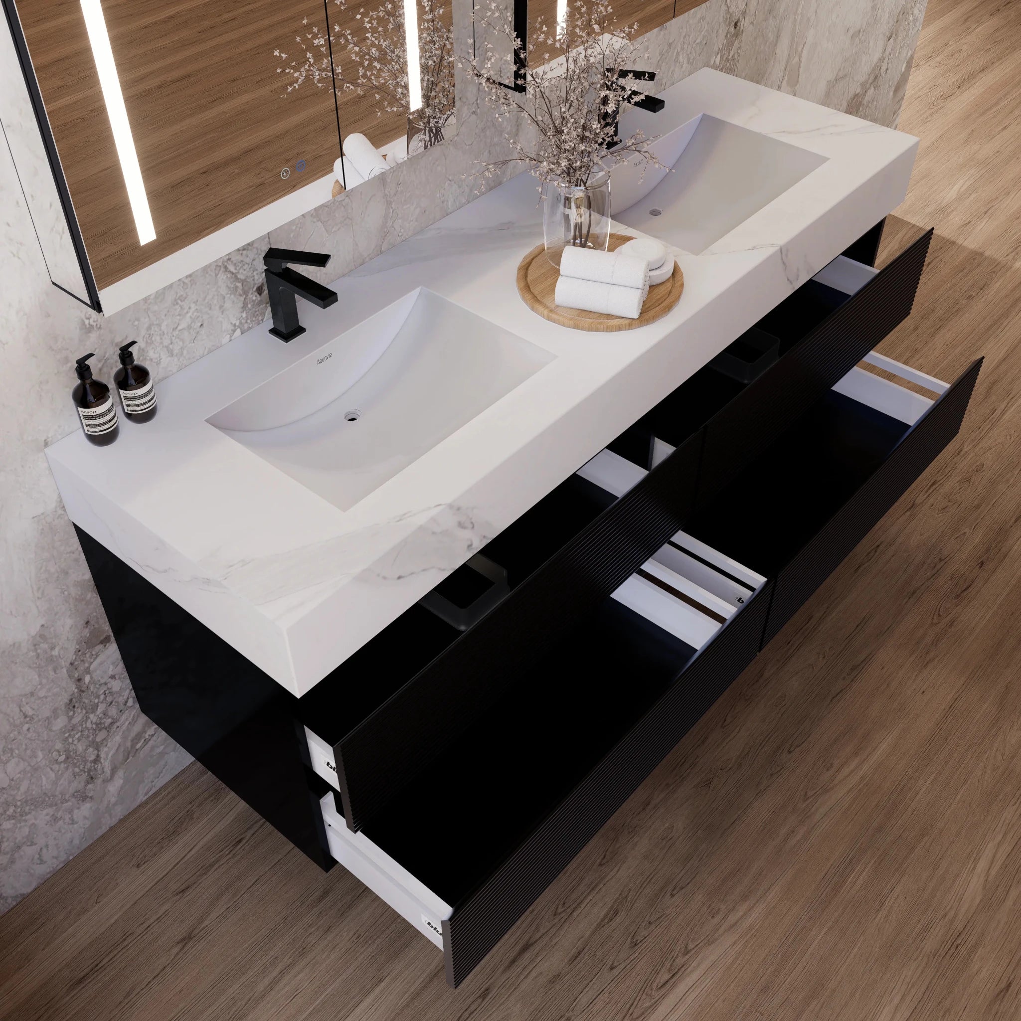 60" Black Fluted Floating Vanity with Seamless Stone Double Sink - VanityWhite Carrara