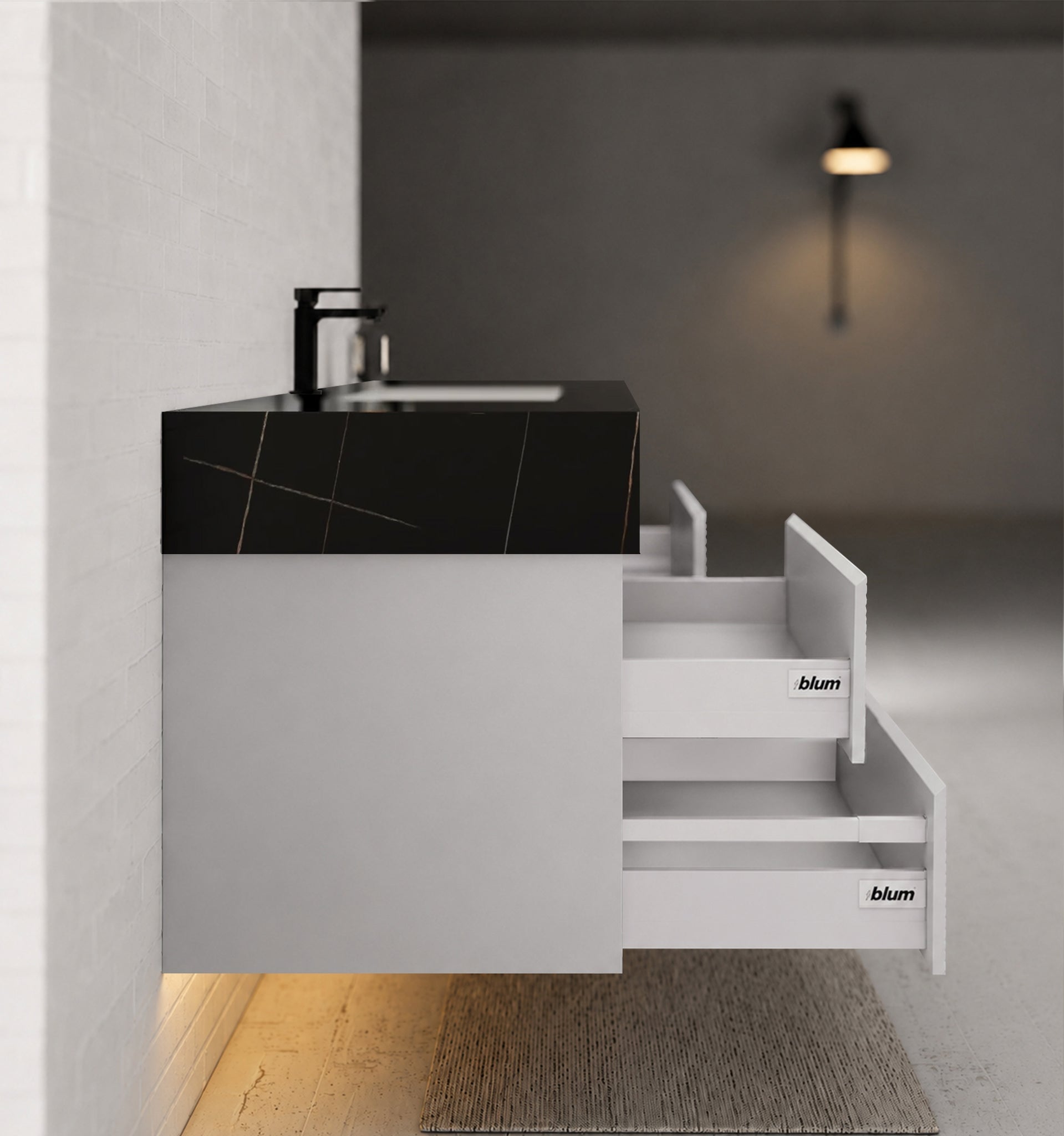60” Light Grey Modern Floating Bathroom Vanity 4 Drawers– Single Basin -VanityBlack Marquina Gold Veins