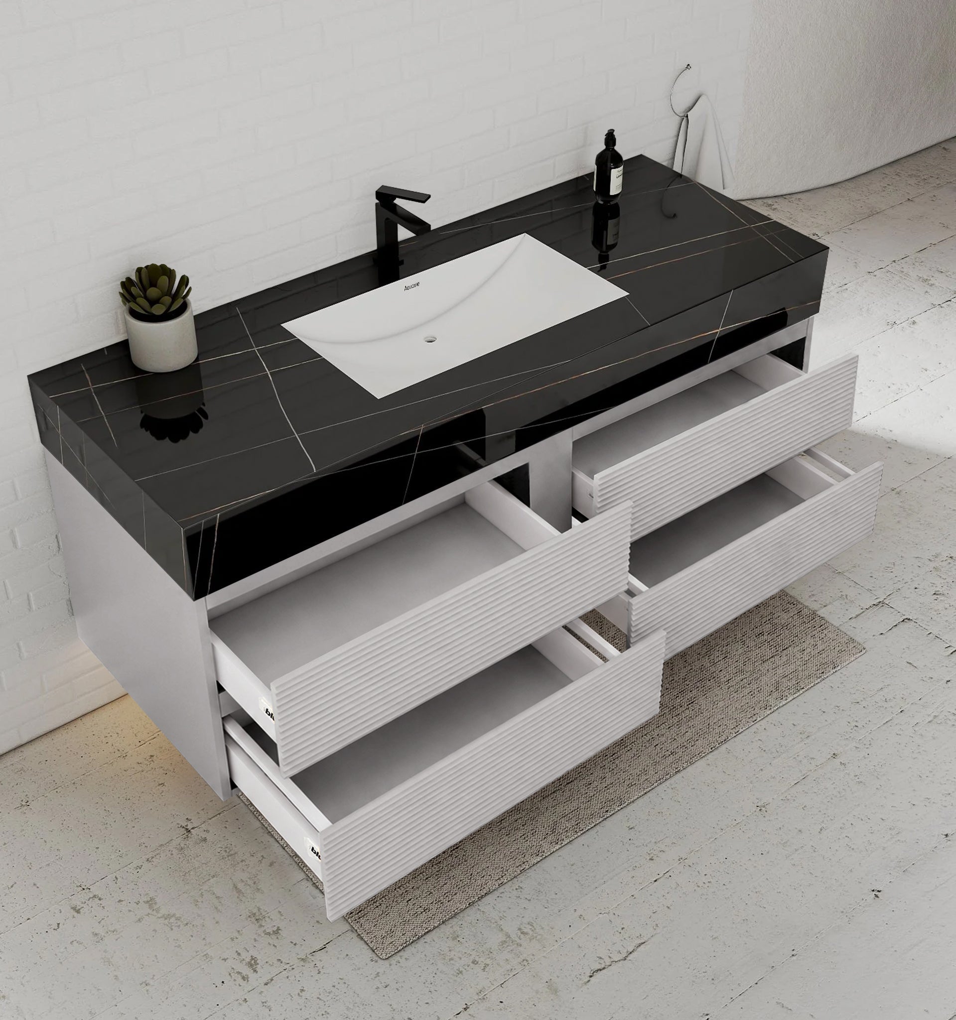 60” Light Grey Modern Floating Bathroom Vanity 4 Drawers– Single Basin -VanityBlack Marquina Gold Veins