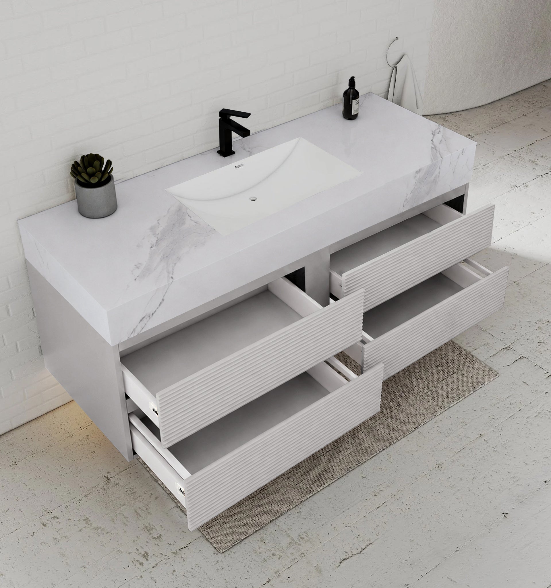 60” Light Grey Modern Floating Bathroom Vanity 4 Drawers– Single Basin -VanityWhite Carrara
