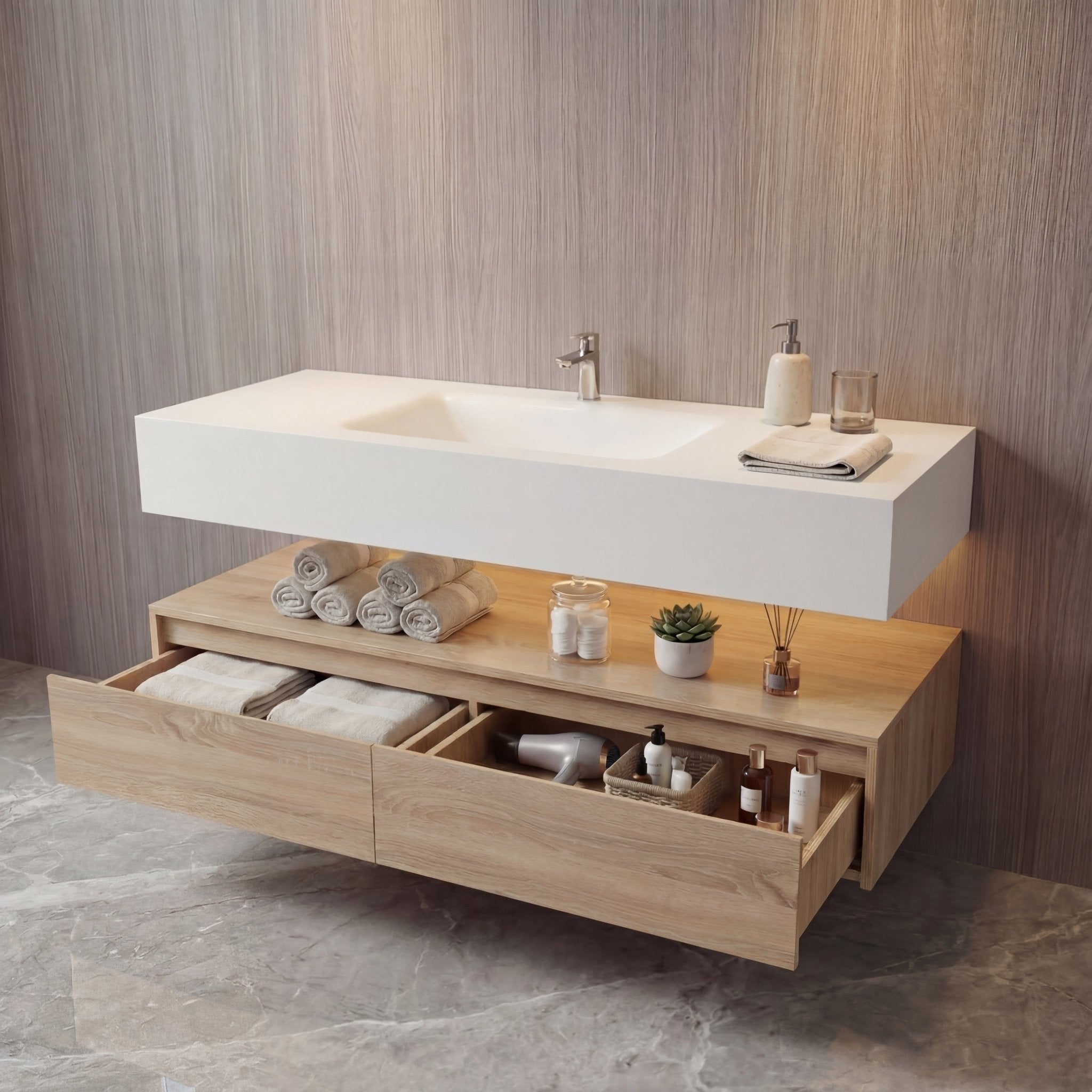 60” Light Oak Floating Vanity Cabinet With Integrated Sintered Stone Basin - Vanity60"