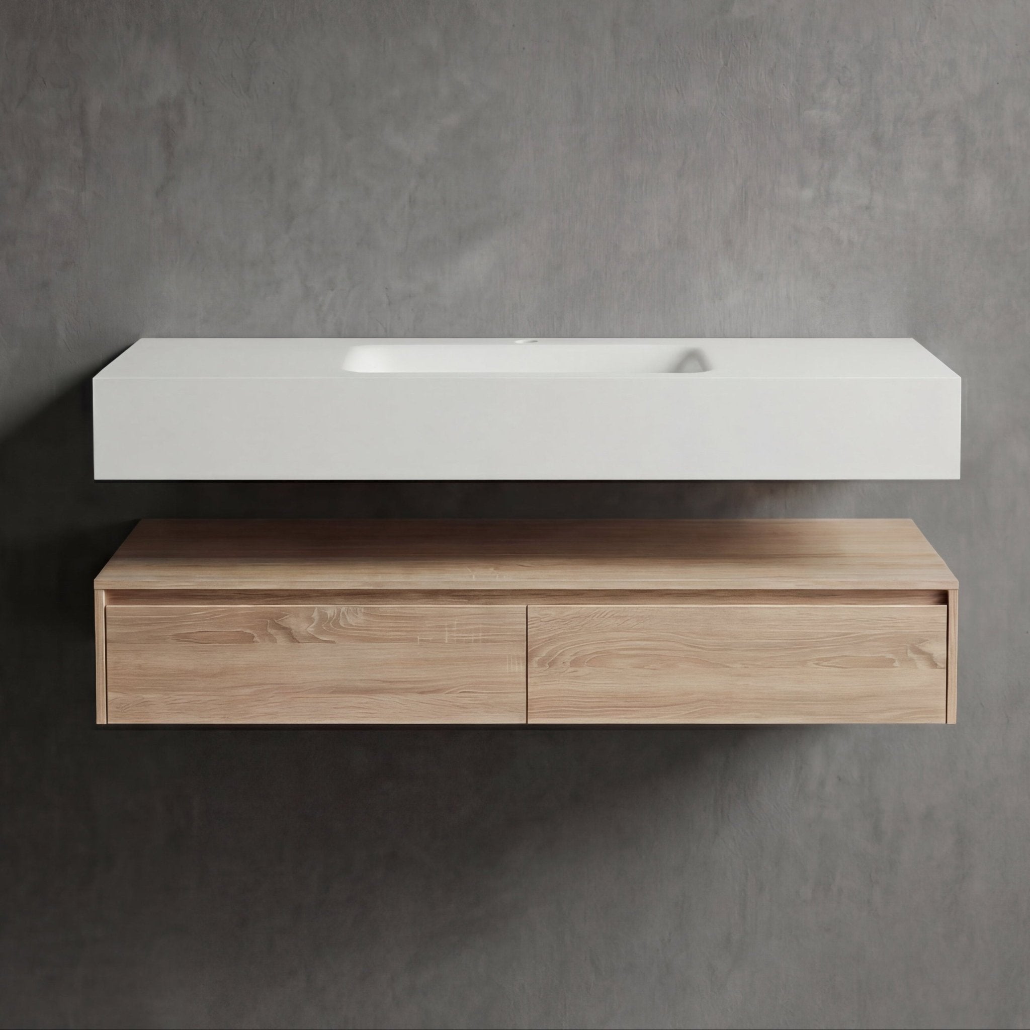 60” Light Oak Floating Vanity Cabinet With Integrated Sintered Stone Basin - Vanity60"