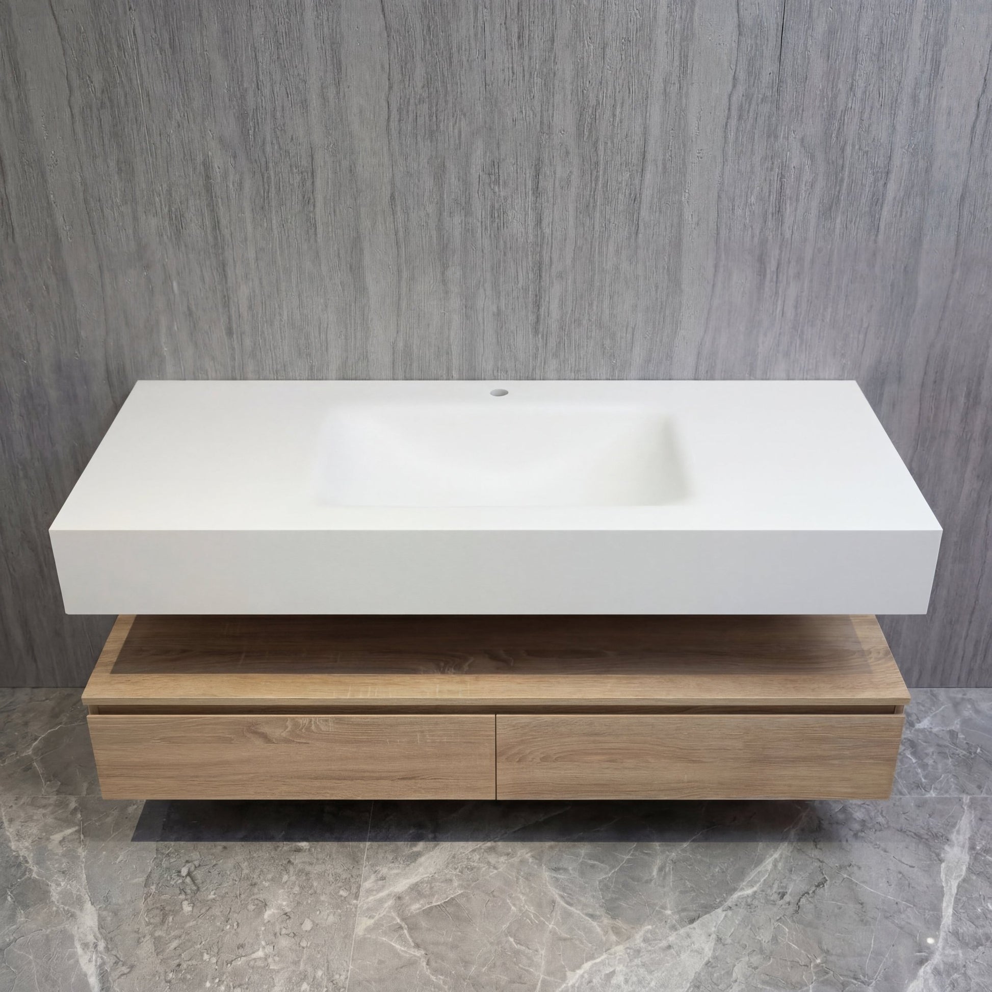 60” Light Oak Floating Vanity Cabinet With Integrated Sintered Stone Basin - Vanity60"