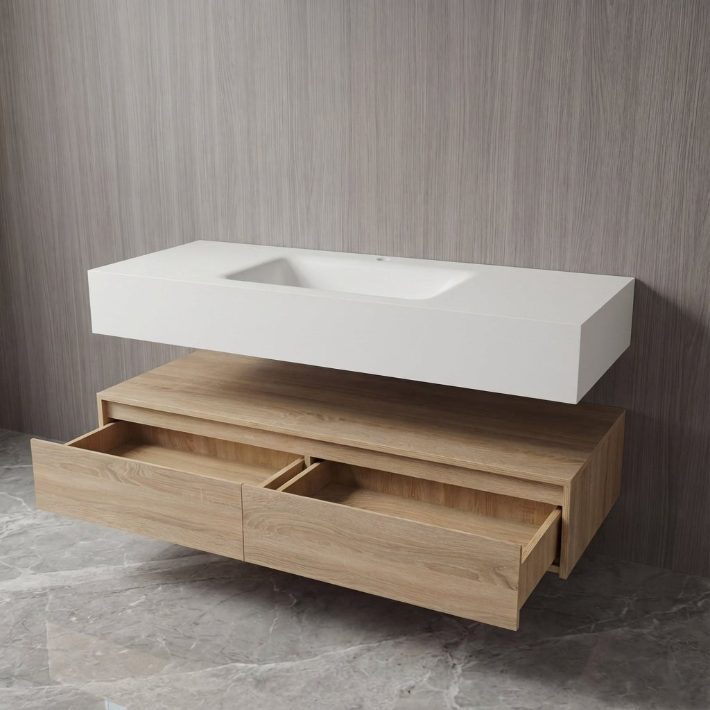 60” Light Oak Floating Vanity Cabinet With Integrated Sintered Stone Basin - Vanity60"