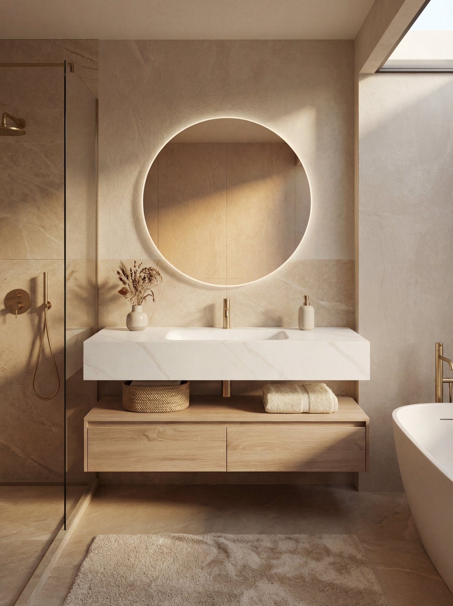 60” Light Oak Floating Vanity Cabinet With Integrated Sintered Stone Basin - Vanity60"