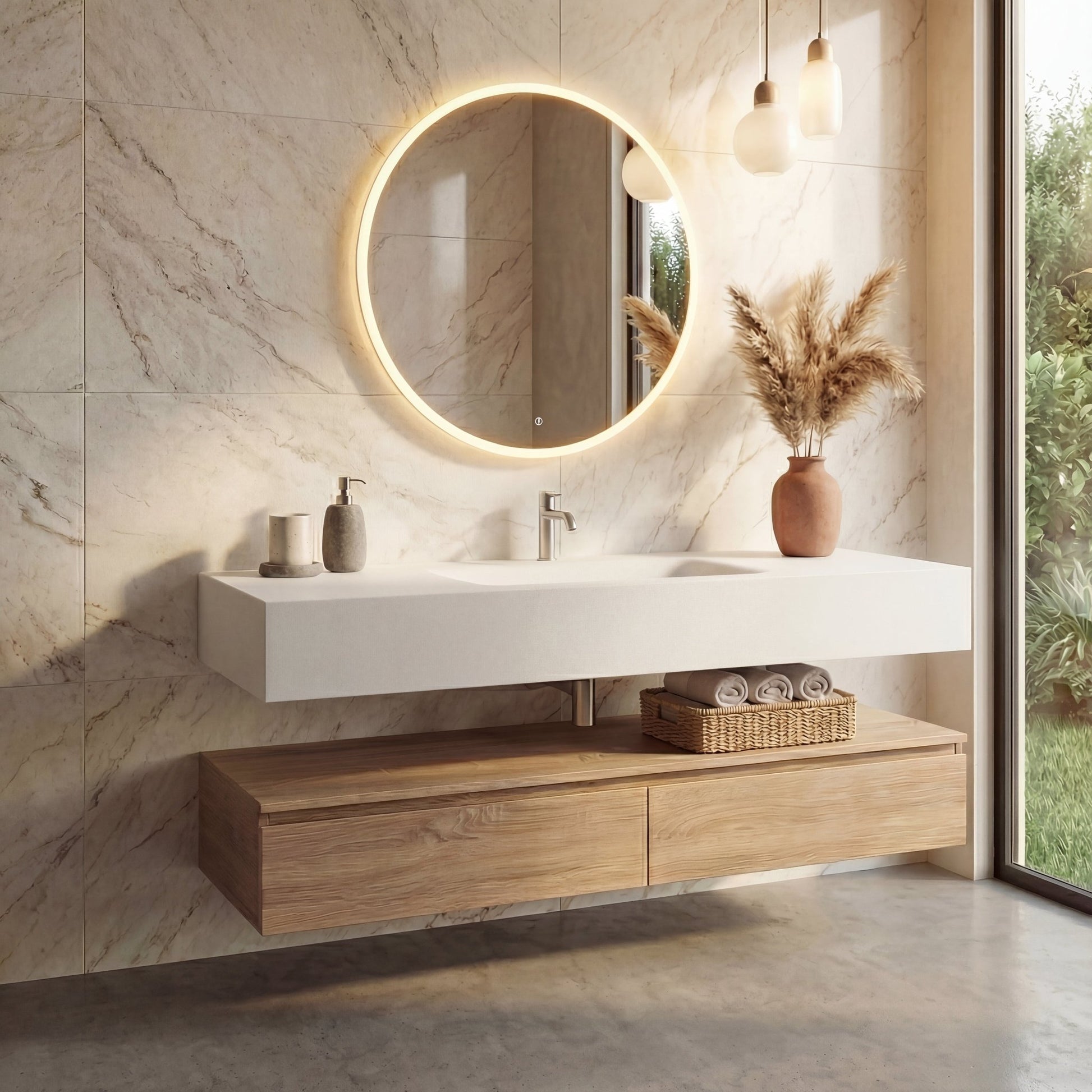 60” Light Oak Floating Vanity Cabinet With Integrated Sintered Stone Basin - Vanity60"