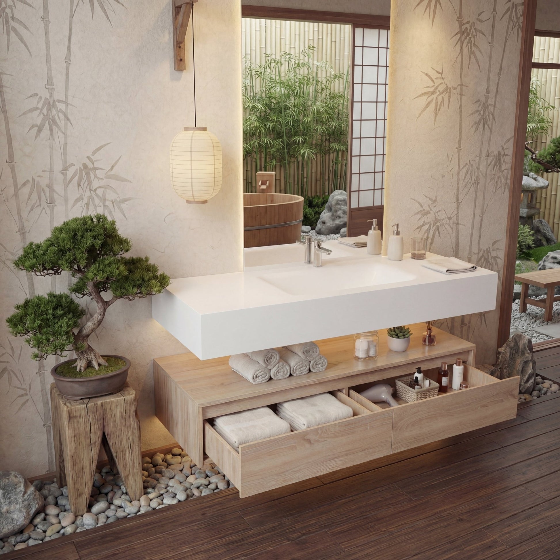 60” Light Oak Floating Vanity Cabinet With Integrated Sintered Stone Basin - Vanity60"