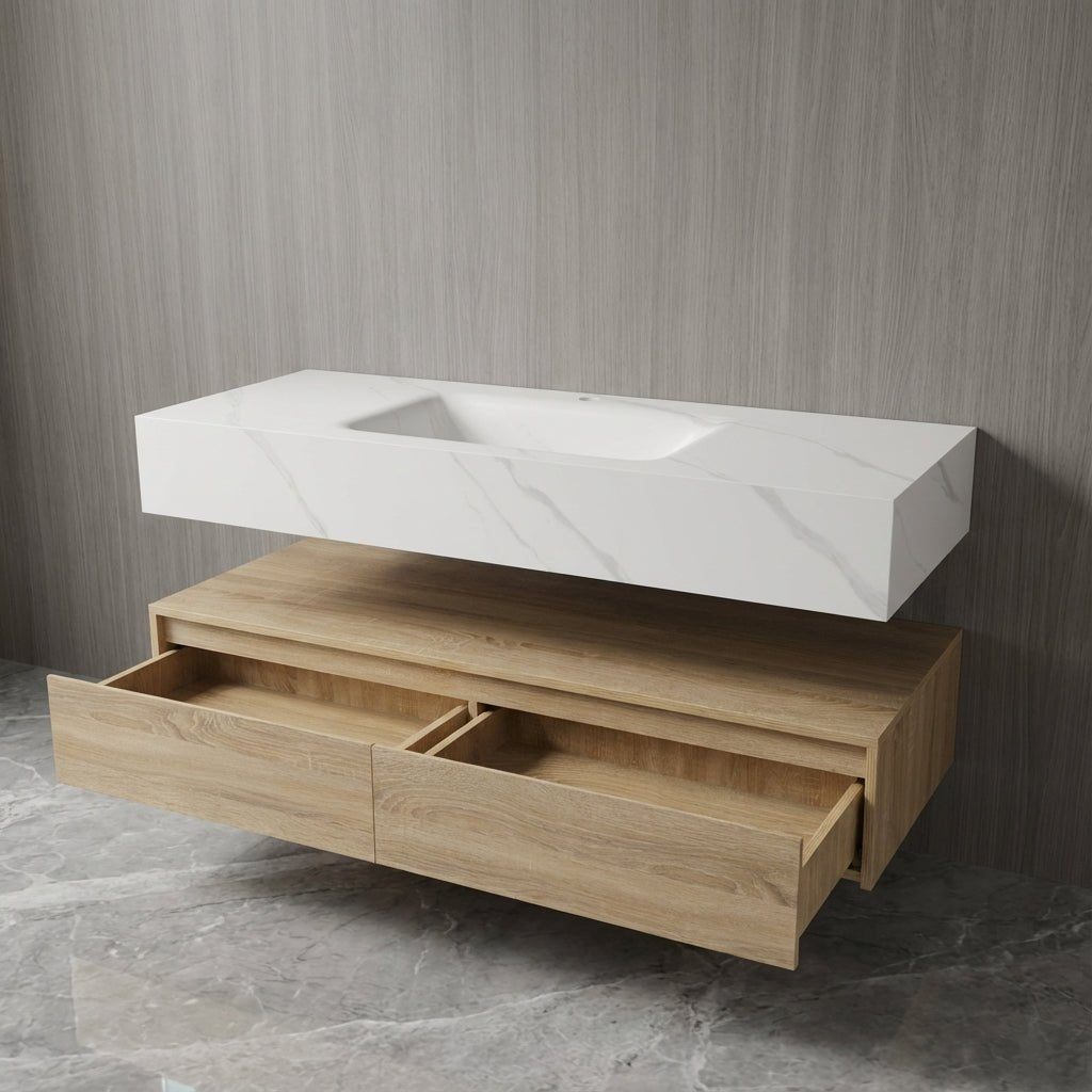 60” Light Oak Floating Vanity Cabinet With Integrated Sintered Stone Basin - Vanity60"