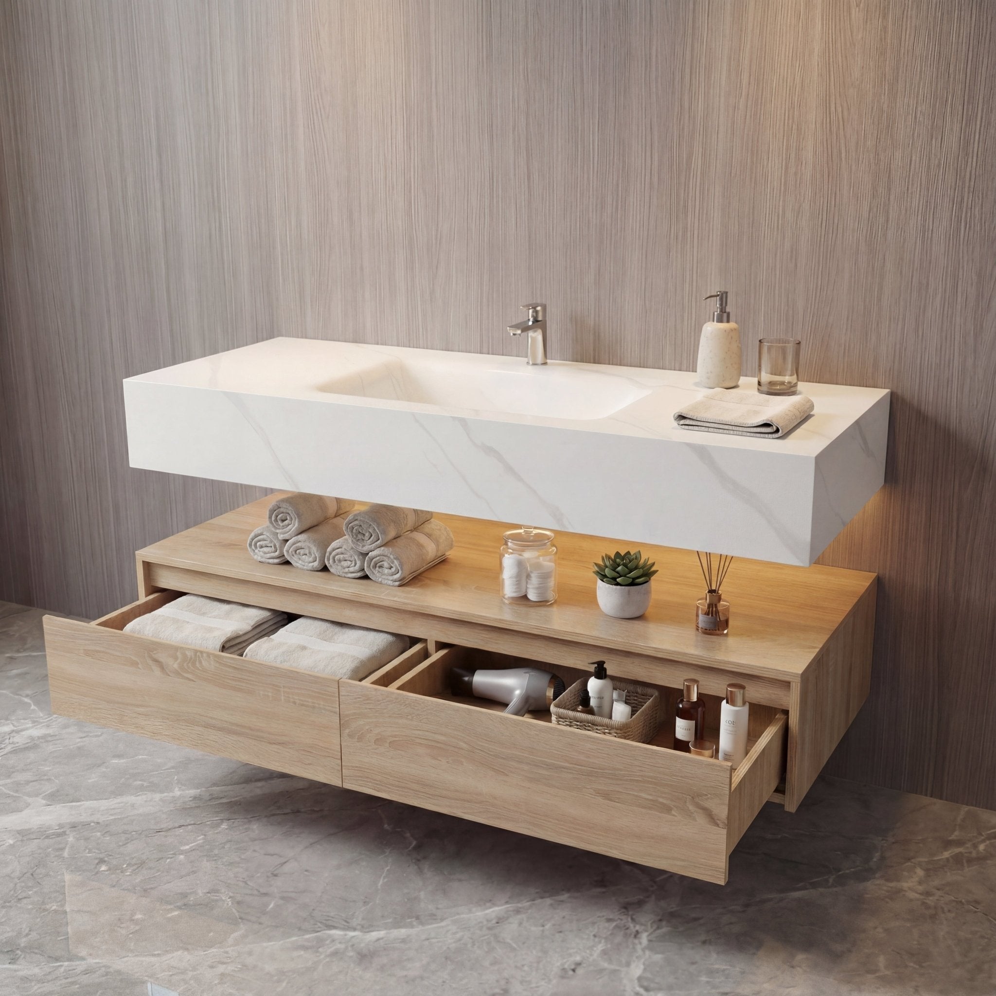 60” Light Oak Floating Vanity Cabinet With Integrated Sintered Stone Basin - Vanity60"