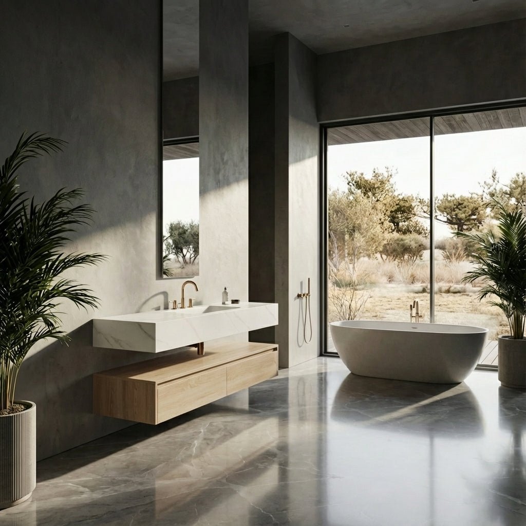 60” Light Oak Floating Vanity Cabinet With Integrated Sintered Stone Basin - Vanity60"