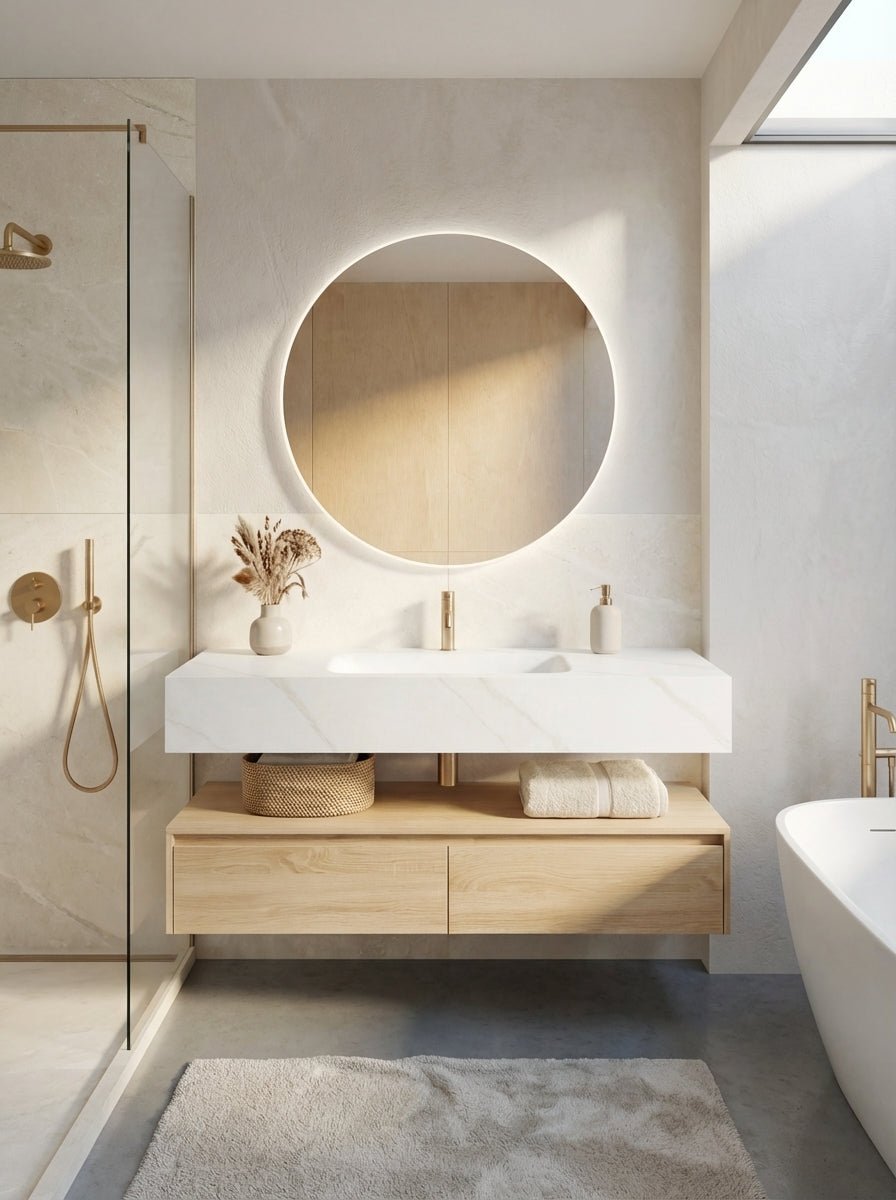 60” Light Oak Floating Vanity Cabinet With Integrated Sintered Stone Basin - Vanity60"