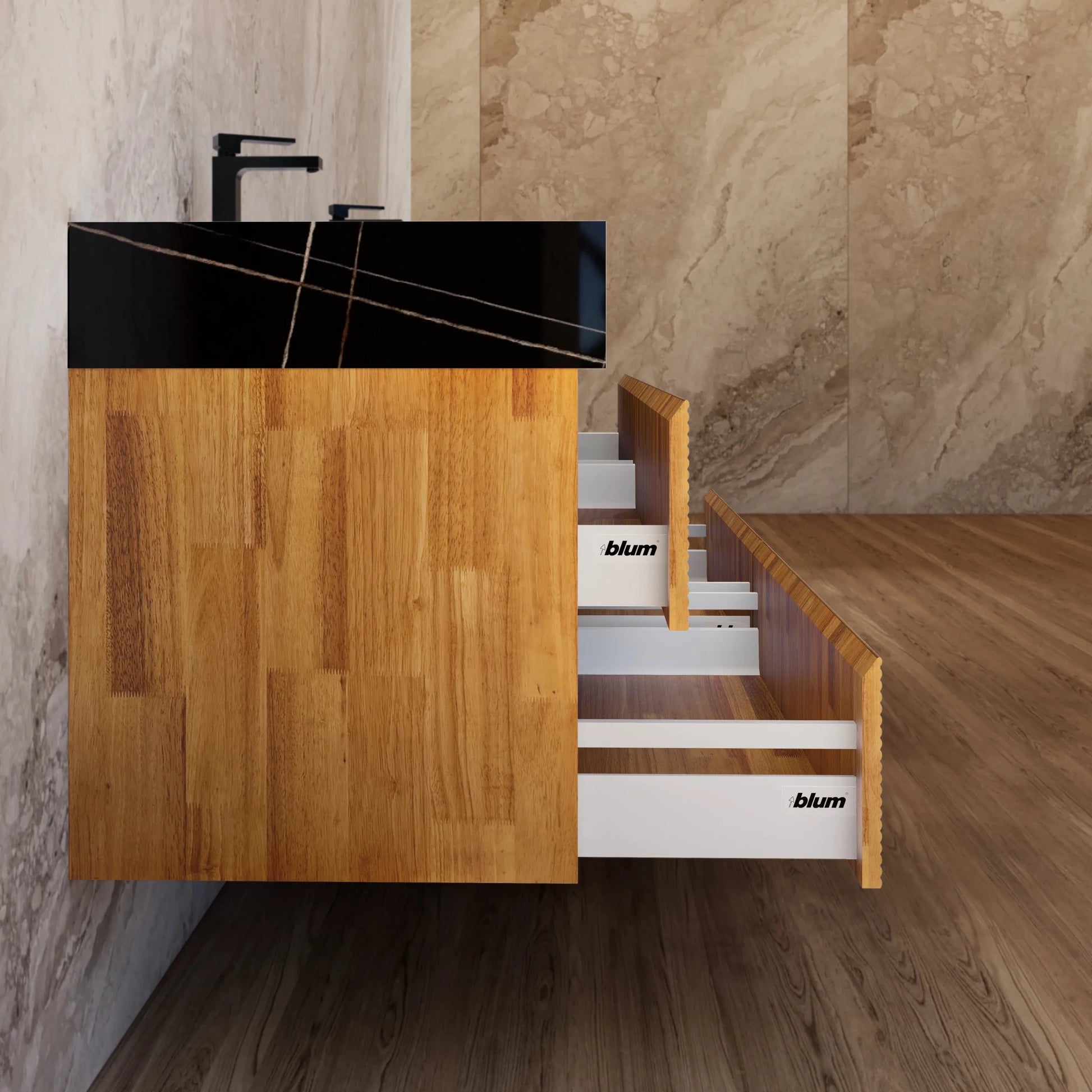 60" Oak Fluted Floating Vanity with Seamless Stone Double Sink - VanityBlack Marquina Gold Veins