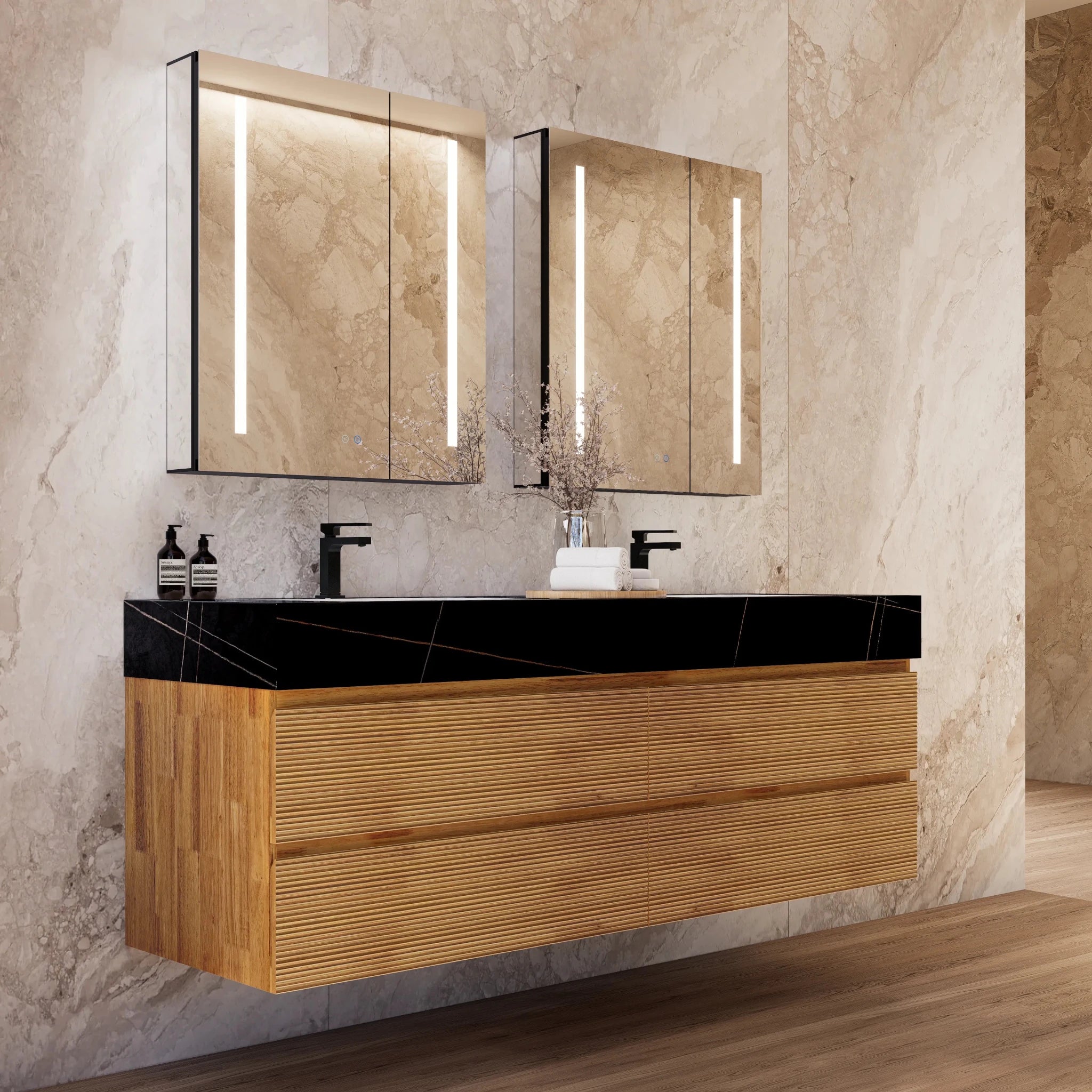 60" Oak Fluted Floating Vanity with Seamless Stone Double Sink - VanityBlack Marquina Gold Veins