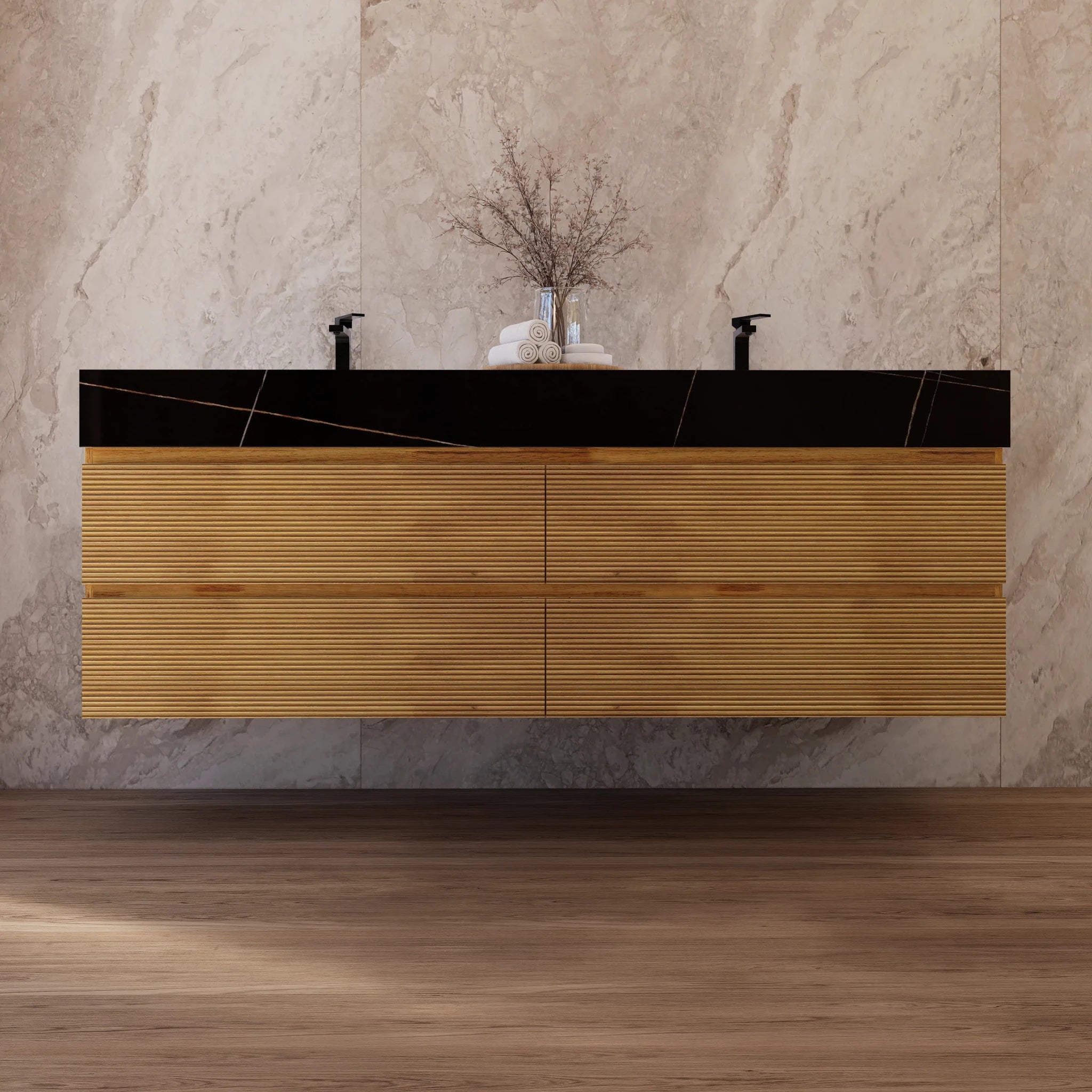 60" Oak Fluted Floating Vanity with Seamless Stone Double Sink - VanityBlack Marquina Gold Veins