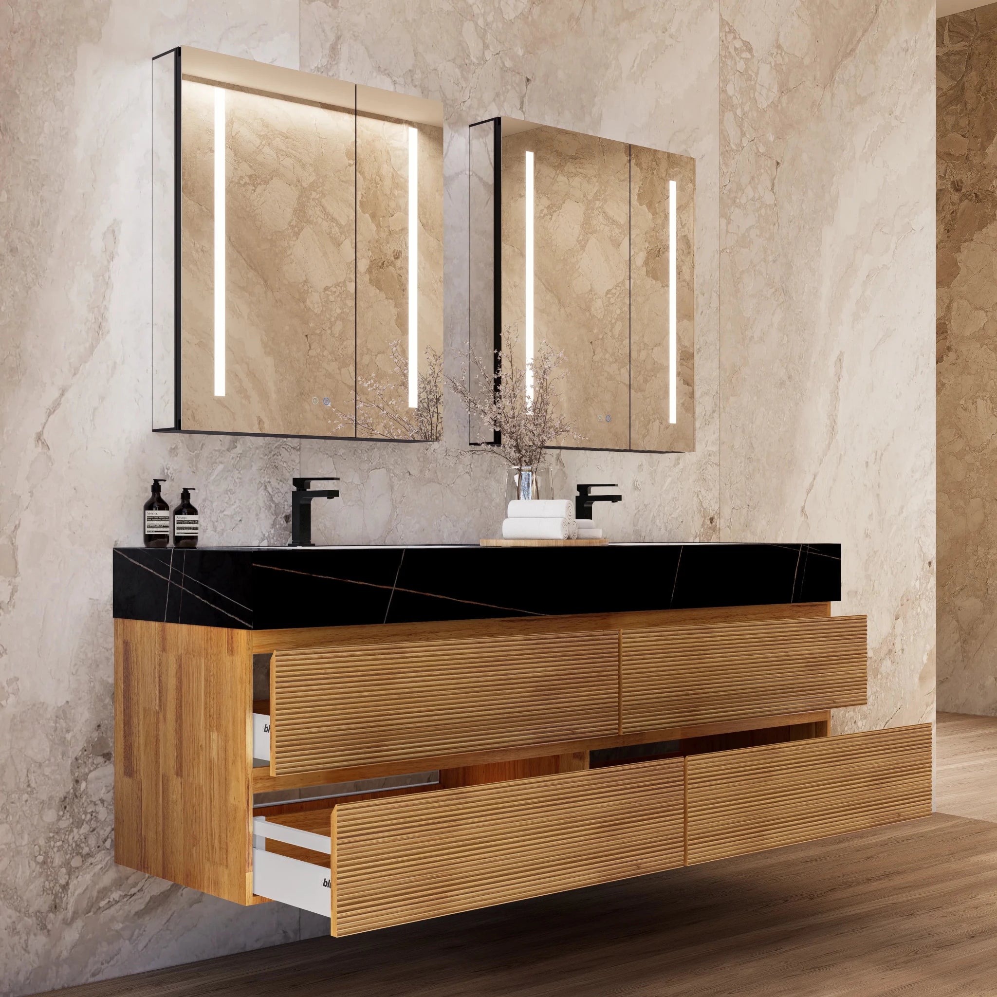 60" Oak Fluted Floating Vanity with Seamless Stone Double Sink - VanityBlack Marquina Gold Veins