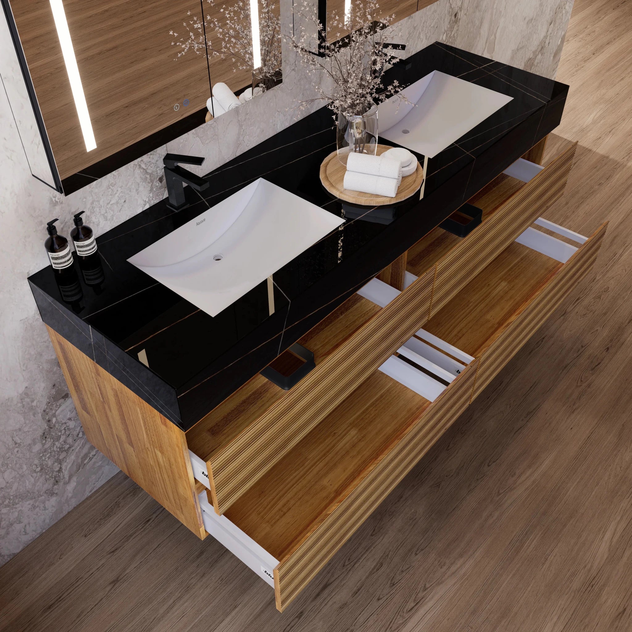 60" Oak Fluted Floating Vanity with Seamless Stone Double Sink - VanityBlack Marquina Gold Veins