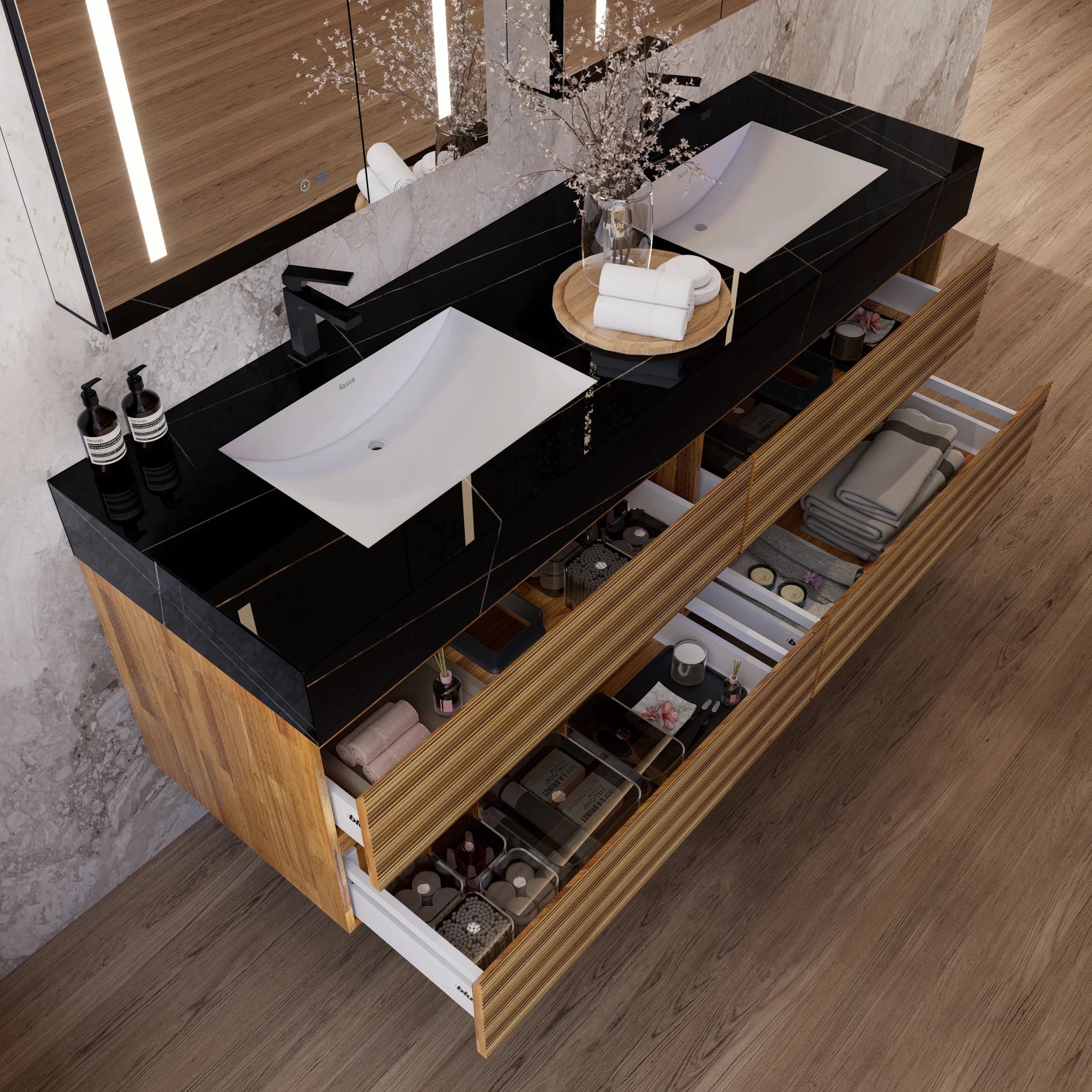 60" Oak Fluted Floating Vanity with Seamless Stone Double Sink - VanityBlack Marquina Gold Veins