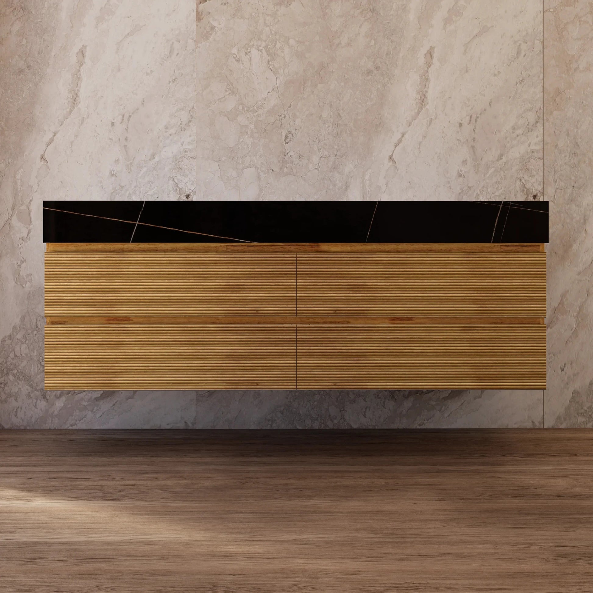 60" Oak Fluted Floating Vanity with Seamless Stone Double Sink - VanityBlack Marquina Gold Veins