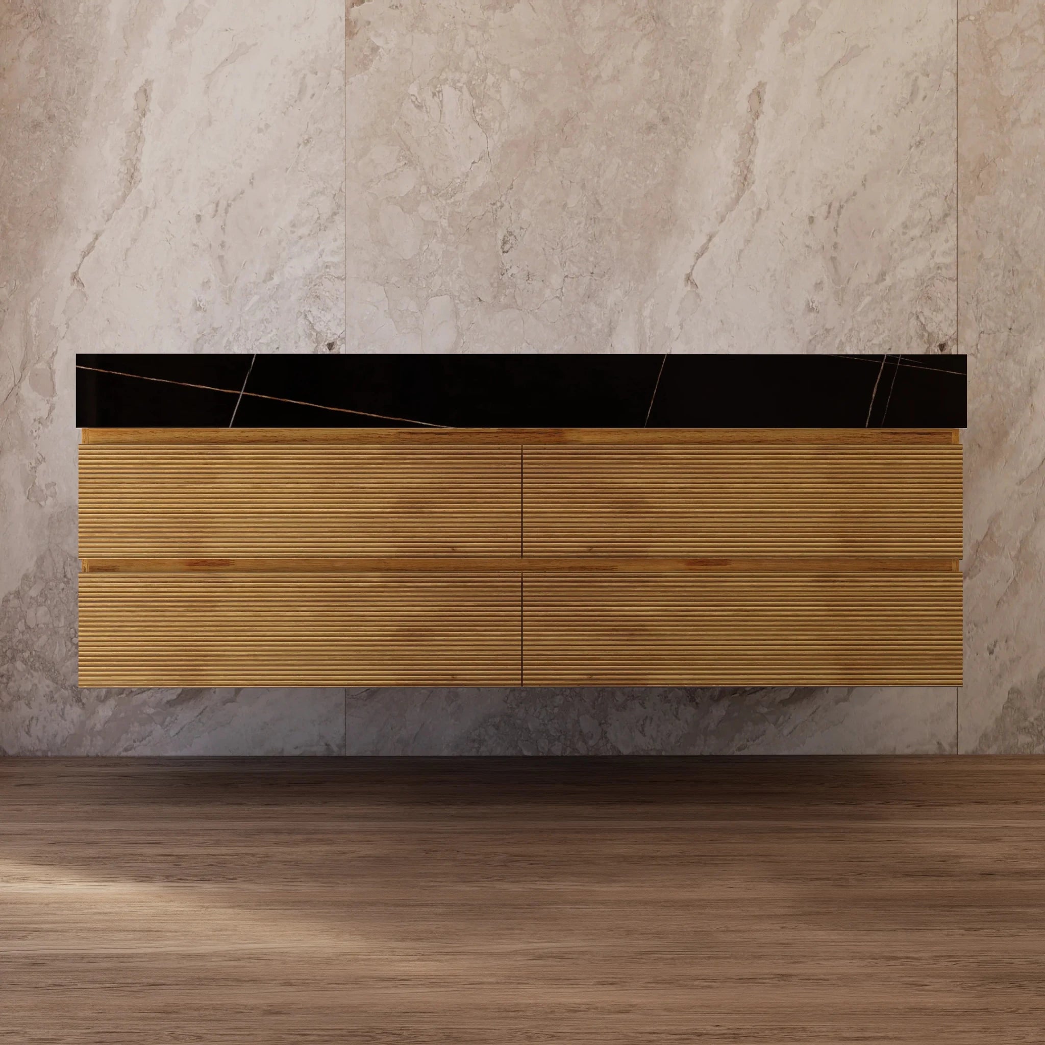 60" Oak Fluted Floating Vanity with Seamless Stone Double Sink - VanityBlack Marquina Gold Veins