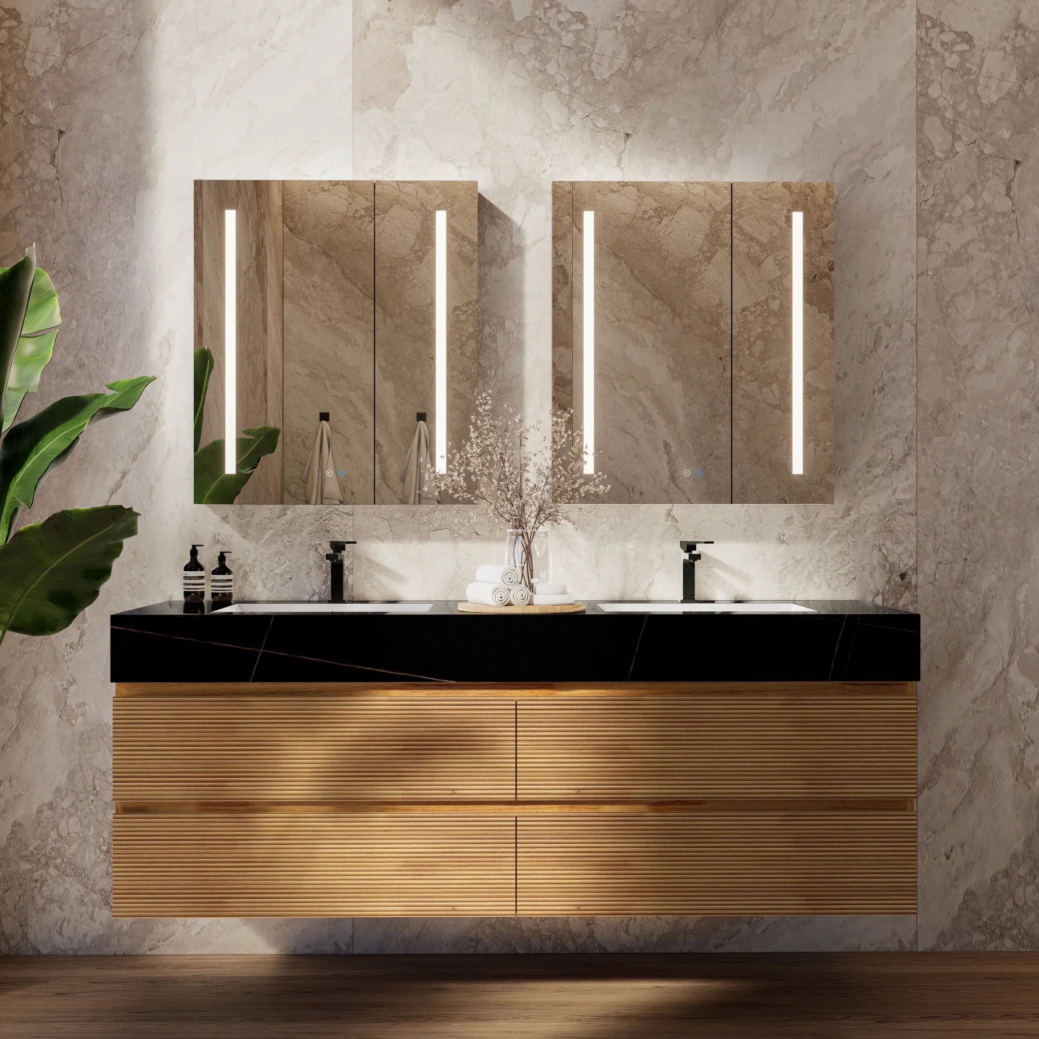 60" Oak Fluted Floating Vanity with Seamless Stone Double Sink - VanityBlack Marquina Gold Veins