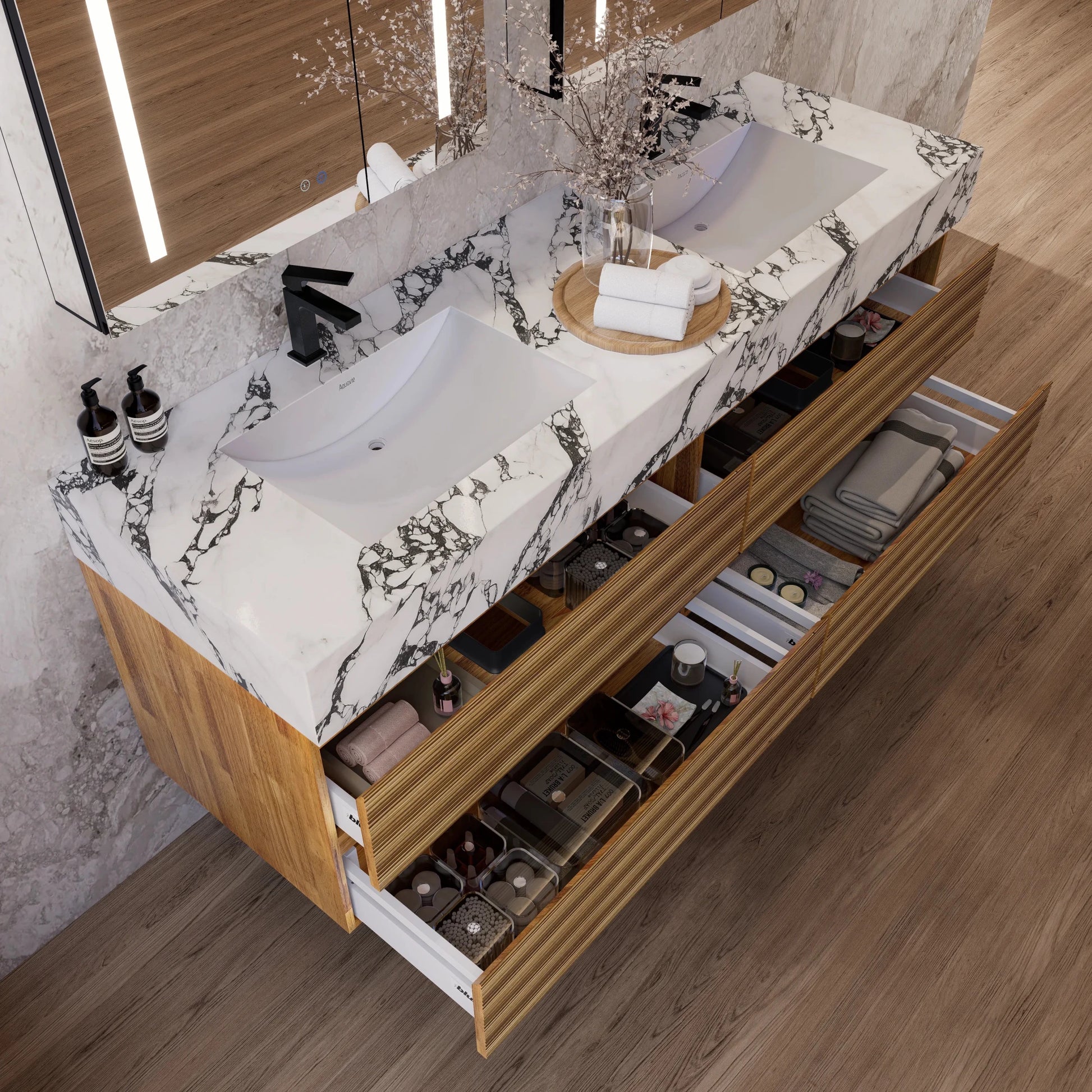 60" Oak Fluted Floating Vanity with Seamless Stone Double Sink - VanityCalacatta Black