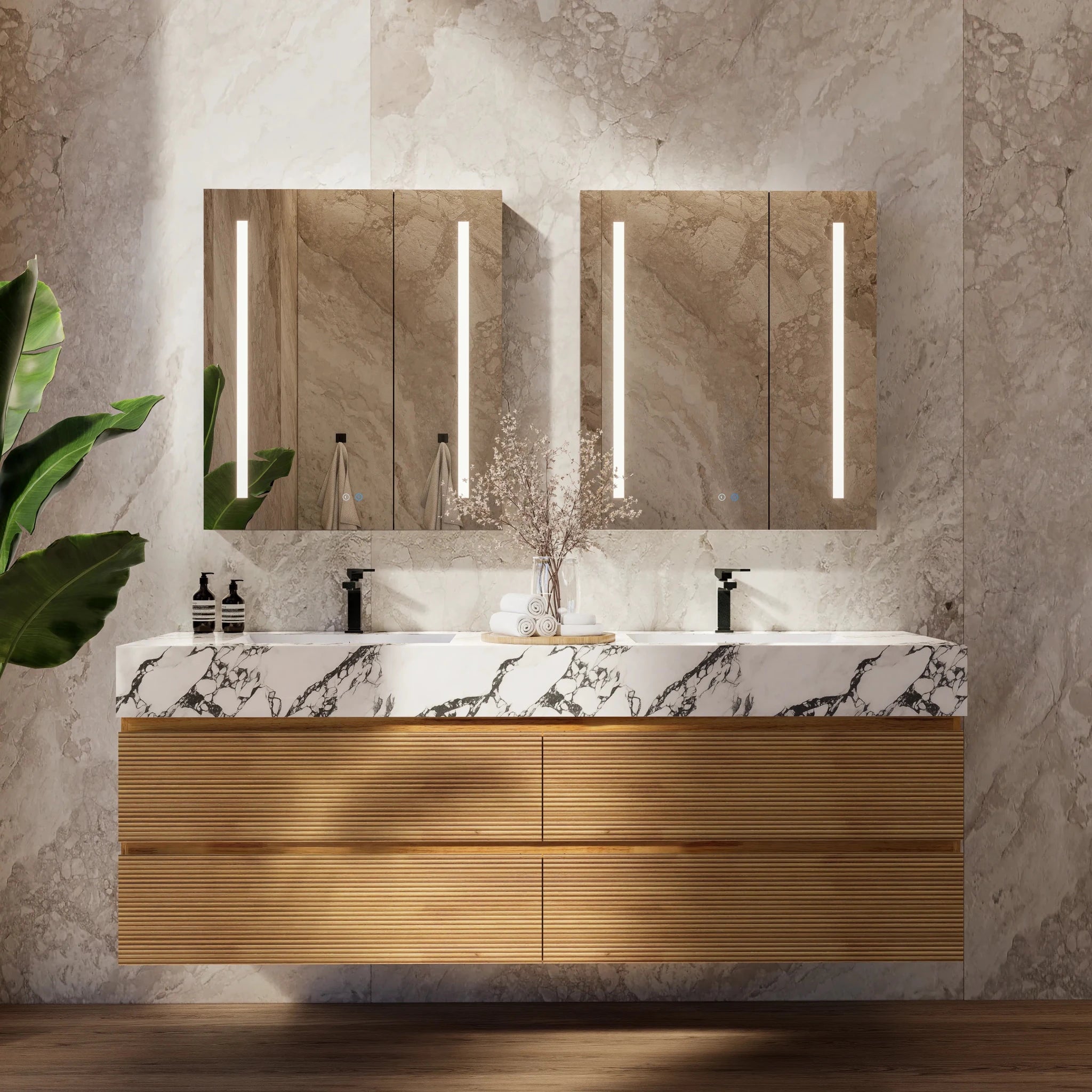 60" Oak Fluted Floating Vanity with Seamless Stone Double Sink - VanityCalacatta Black