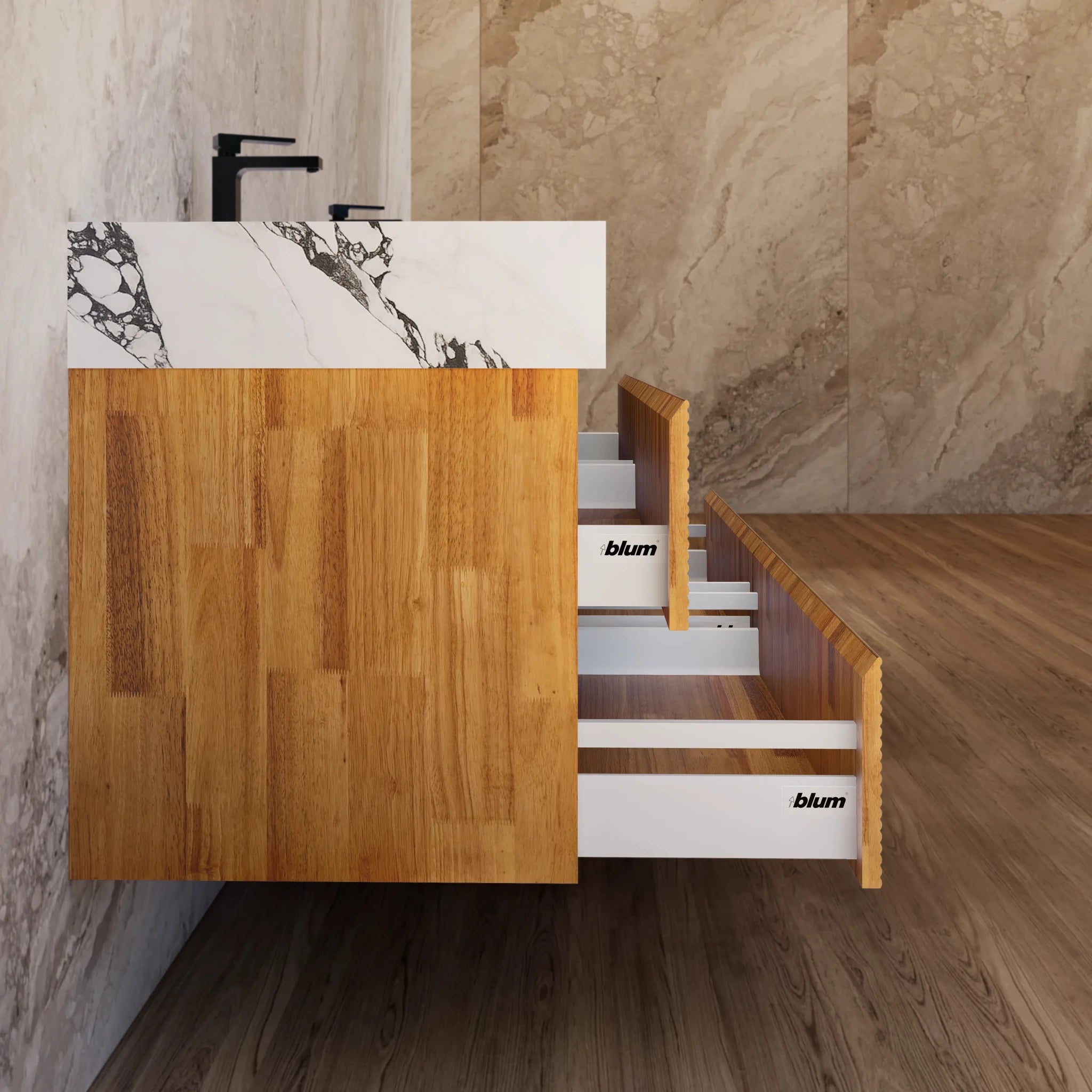 60" Oak Fluted Floating Vanity with Seamless Stone Double Sink - VanityCalacatta Black