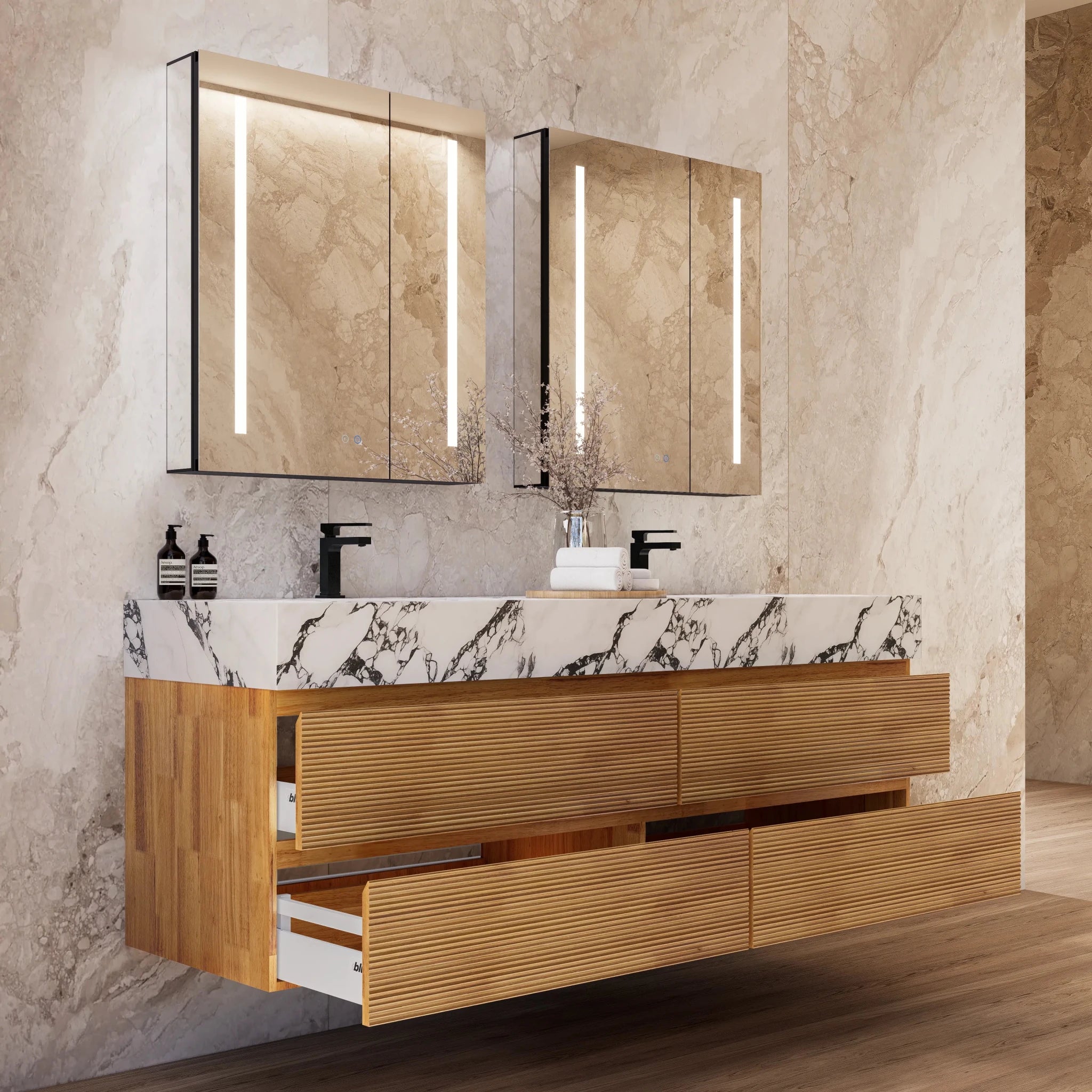 60" Oak Fluted Floating Vanity with Seamless Stone Double Sink - VanityCalacatta Black