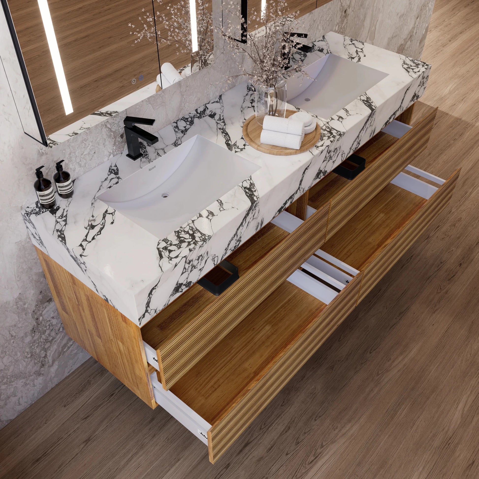 60" Oak Fluted Floating Vanity with Seamless Stone Double Sink - VanityCalacatta Black