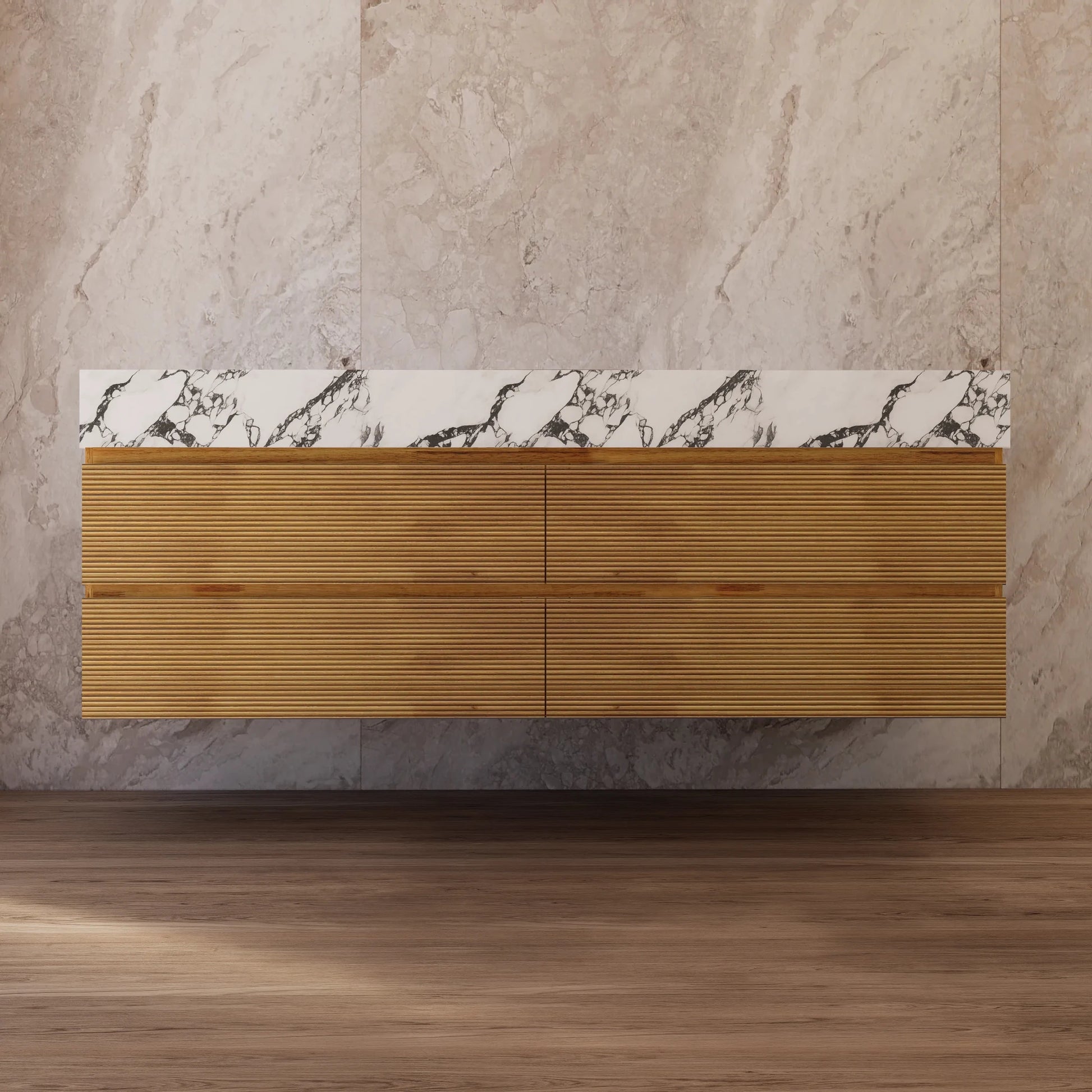 60" Oak Fluted Floating Vanity with Seamless Stone Double Sink - VanityCalacatta Black