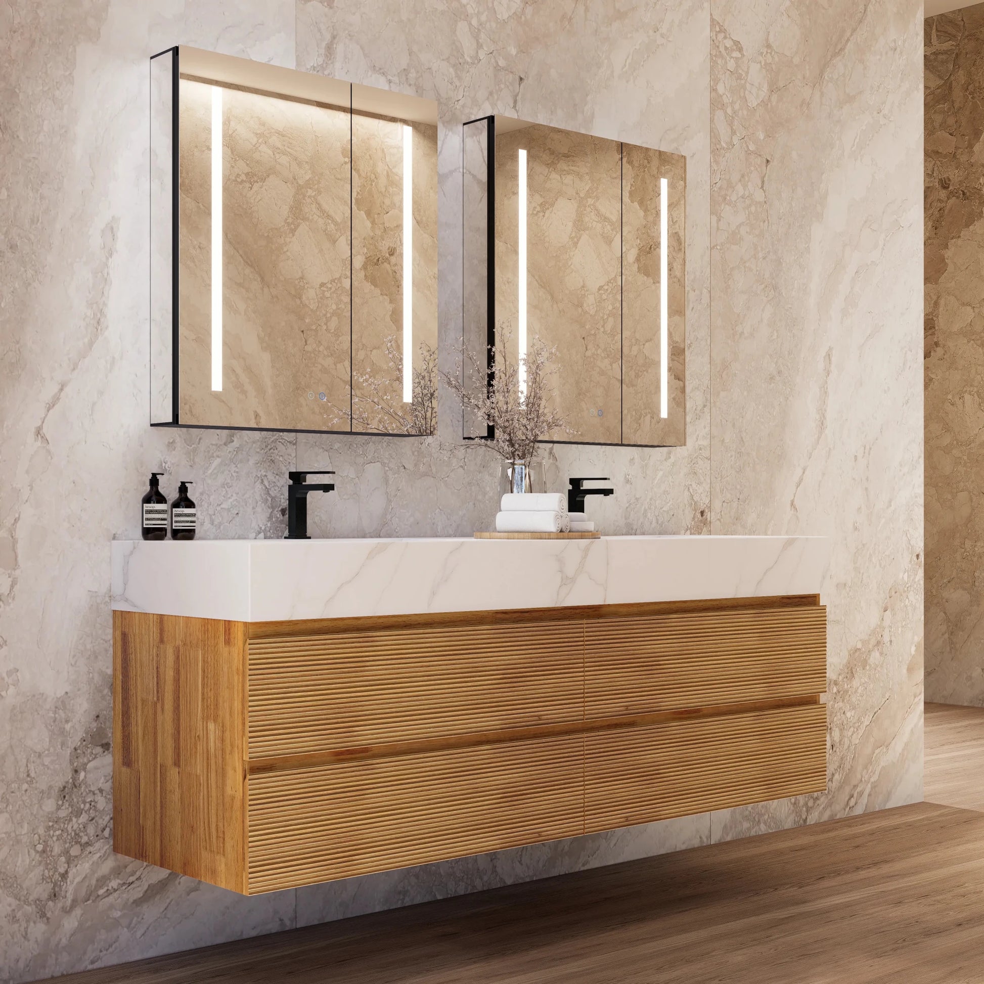 60" Oak Fluted Floating Vanity with Seamless Stone Double Sink - VanityCalacatta Gold