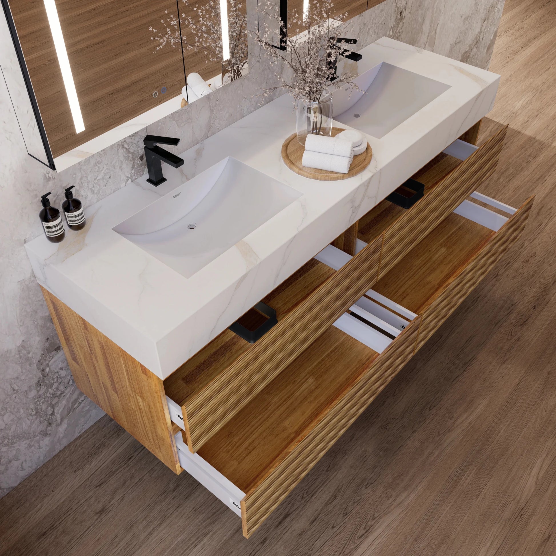 60" Oak Fluted Floating Vanity with Seamless Stone Double Sink - VanityCalacatta Gold