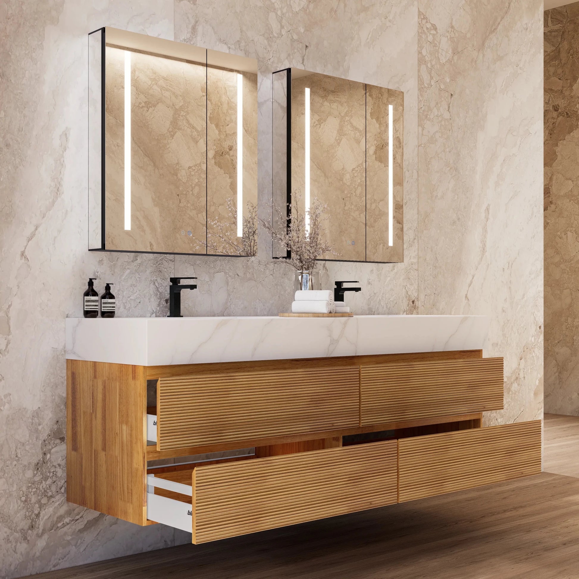 60" Oak Fluted Floating Vanity with Seamless Stone Double Sink - VanityCalacatta Gold