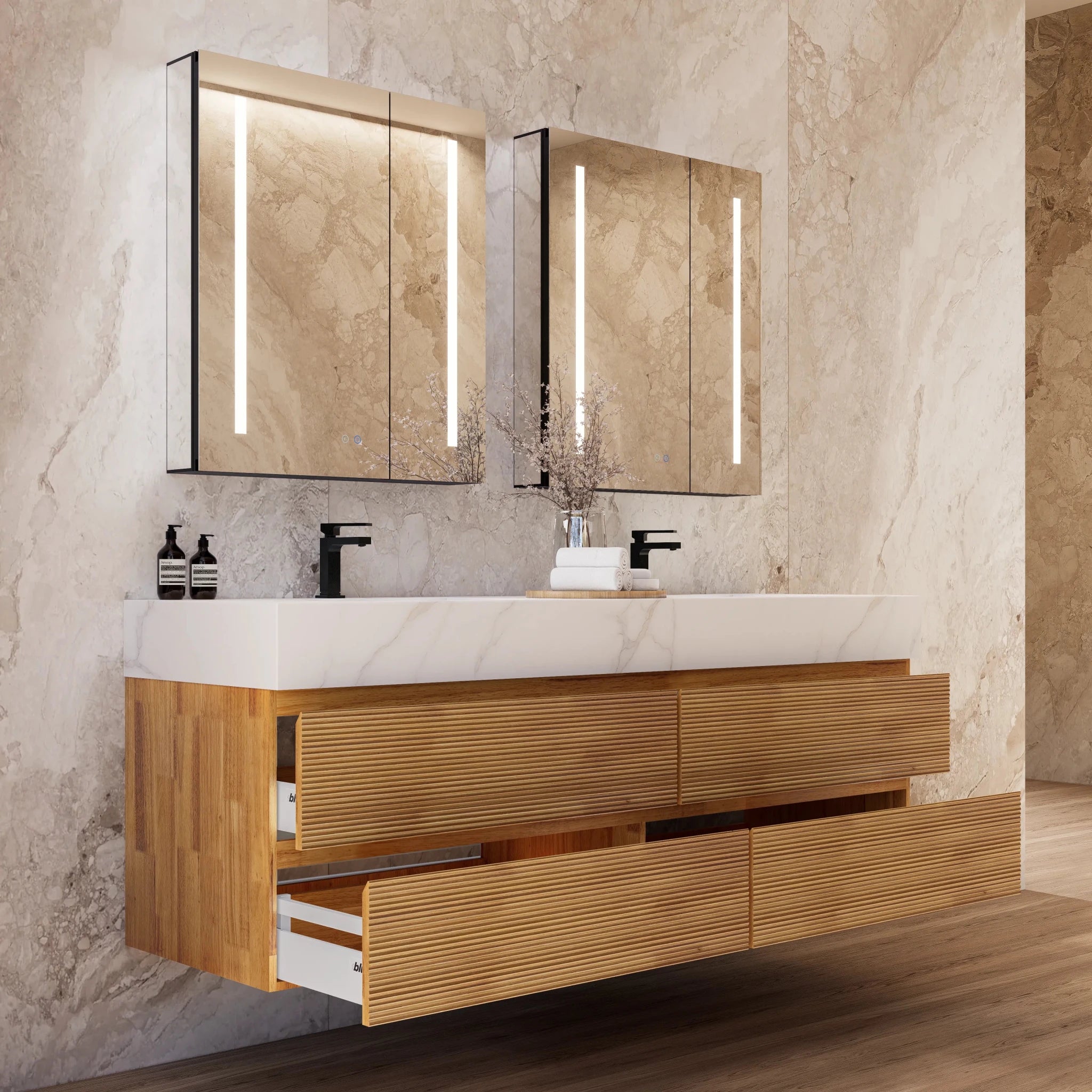 60" Oak Fluted Floating Vanity with Seamless Stone Double Sink - VanityCalacatta Gold