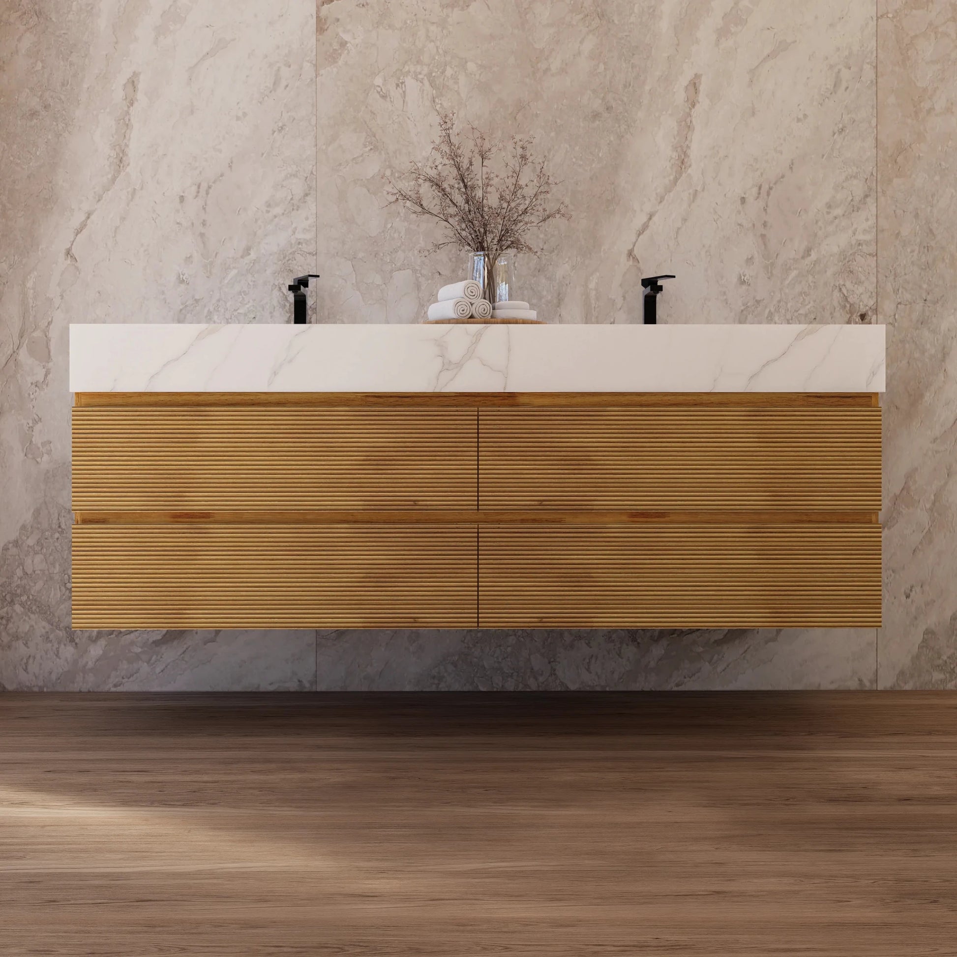 60" Oak Fluted Floating Vanity with Seamless Stone Double Sink - VanityCalacatta Gold