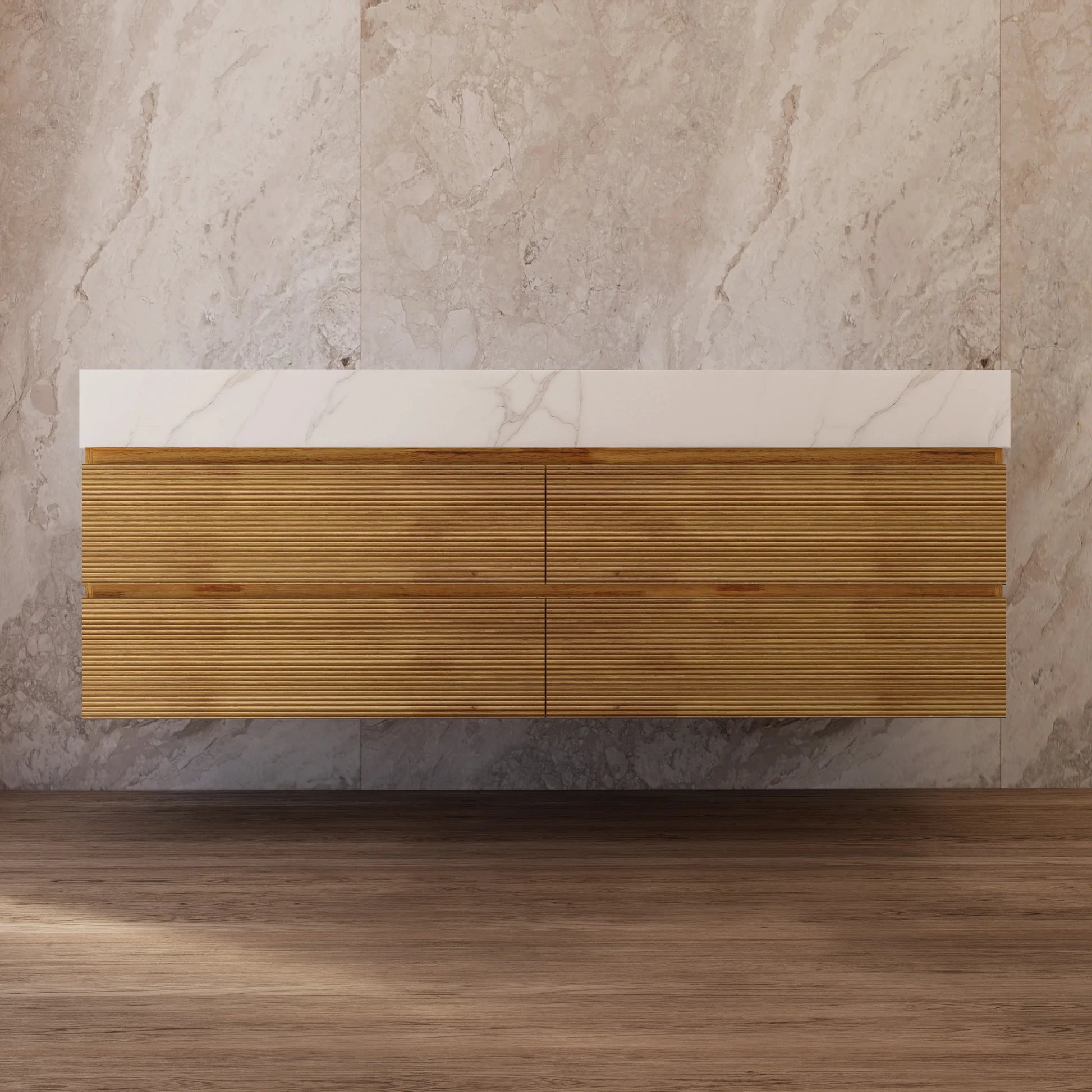 60" Oak Fluted Floating Vanity with Seamless Stone Double Sink - VanityCalacatta Gold