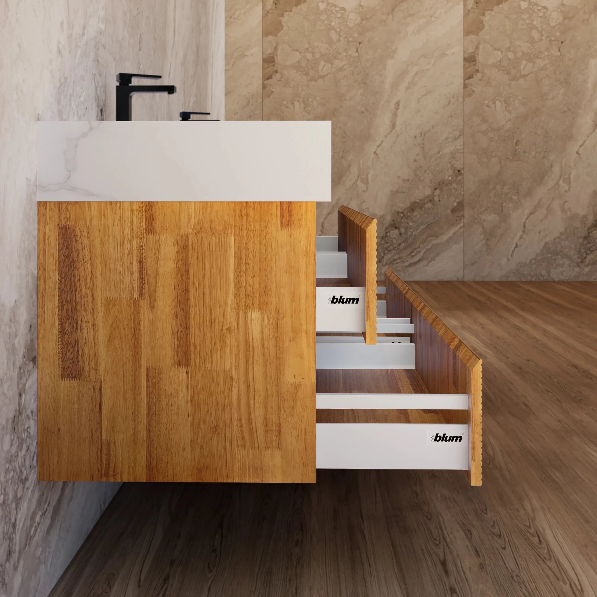 60" Oak Fluted Floating Vanity with Seamless Stone Double Sink - VanityCalacatta Gold