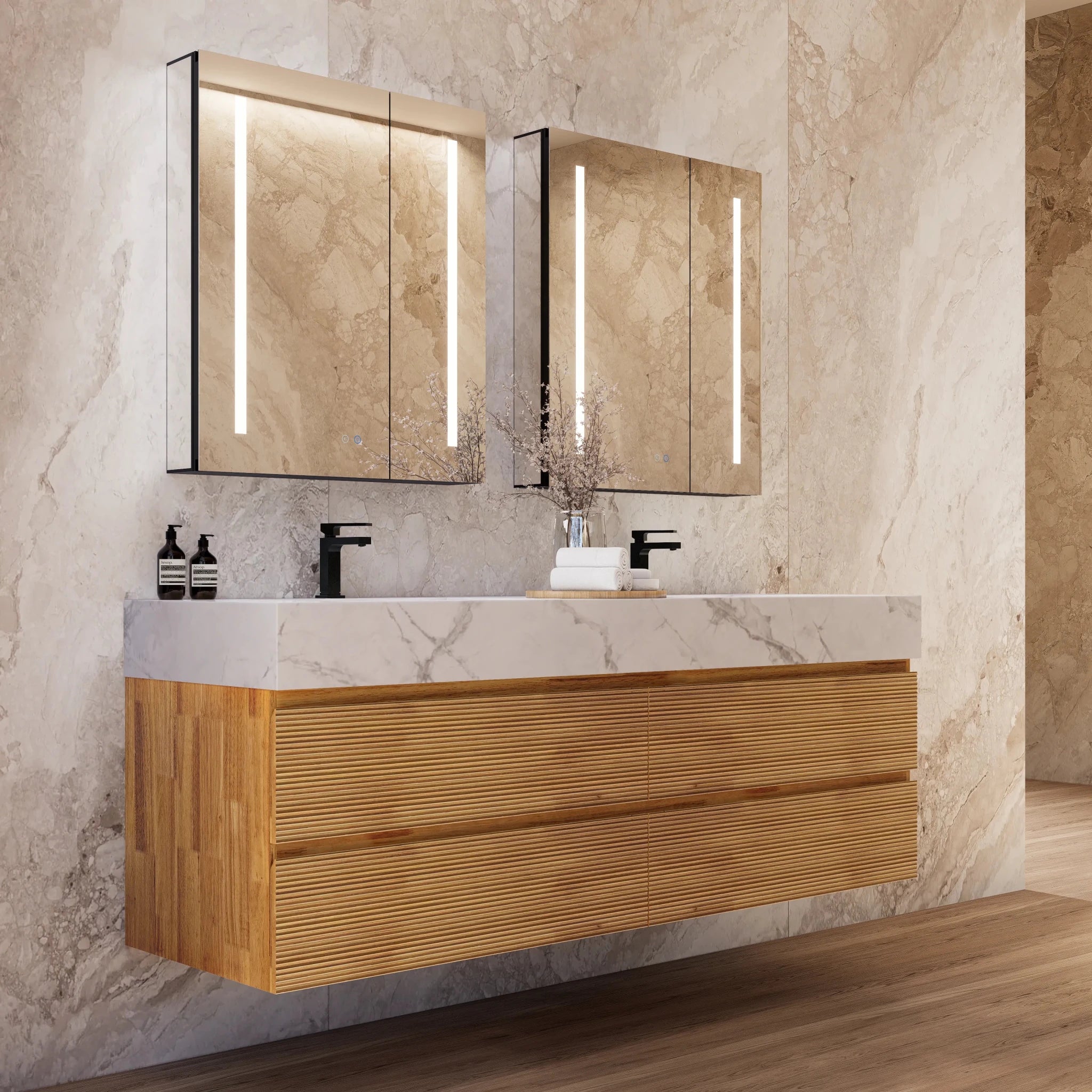 60" Oak Fluted Floating Vanity with Seamless Stone Double Sink - VanityIce Grey