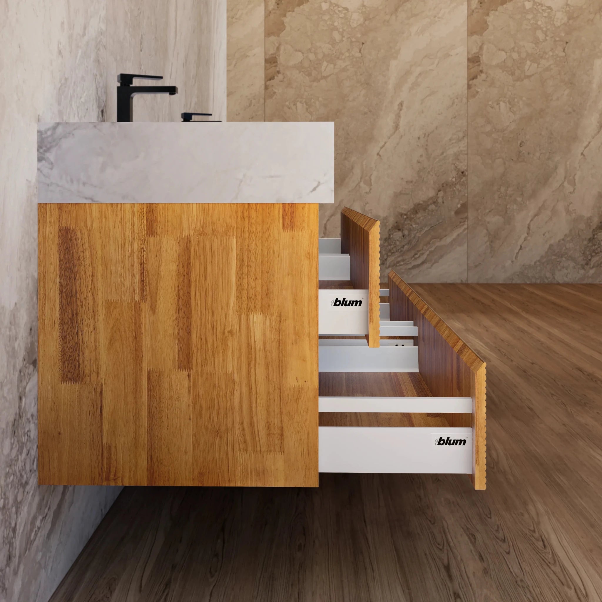 60" Oak Fluted Floating Vanity with Seamless Stone Double Sink - VanityIce Grey