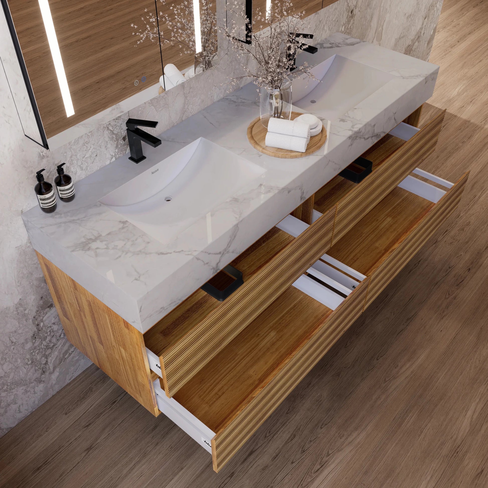 60" Oak Fluted Floating Vanity with Seamless Stone Double Sink - VanityIce Grey