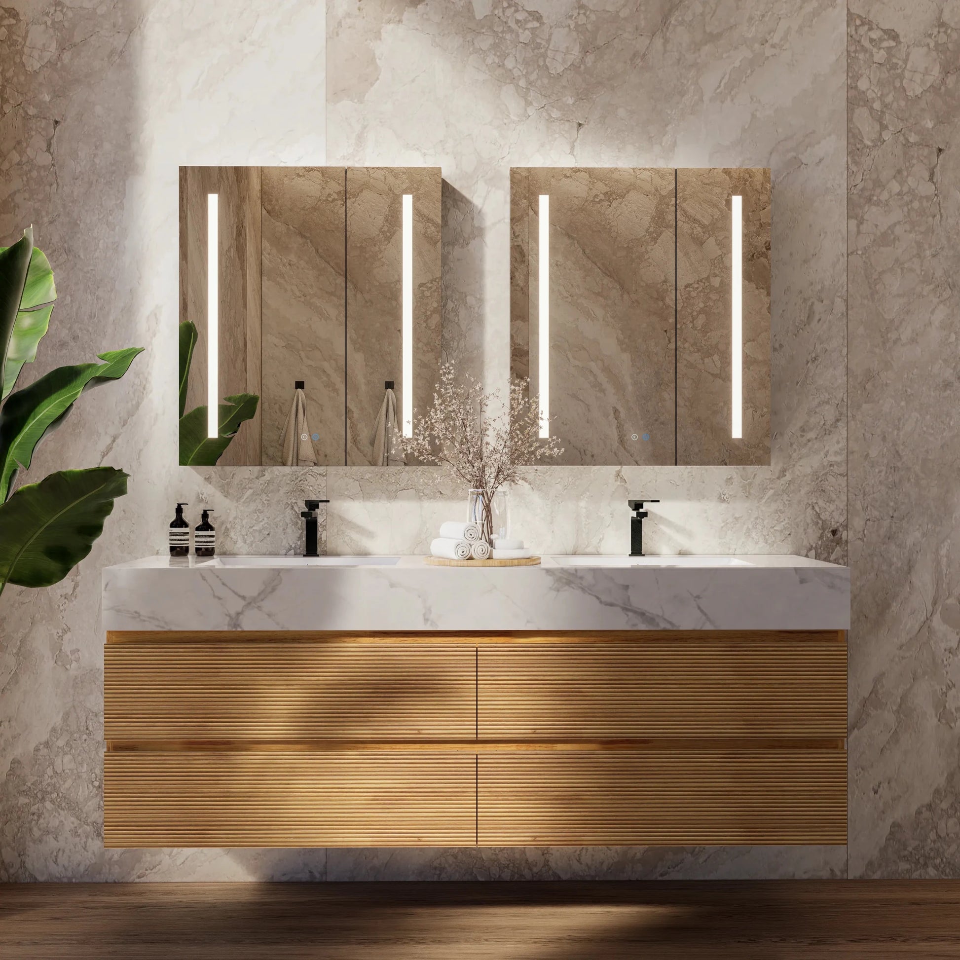 60" Oak Fluted Floating Vanity with Seamless Stone Double Sink - VanityIce Grey