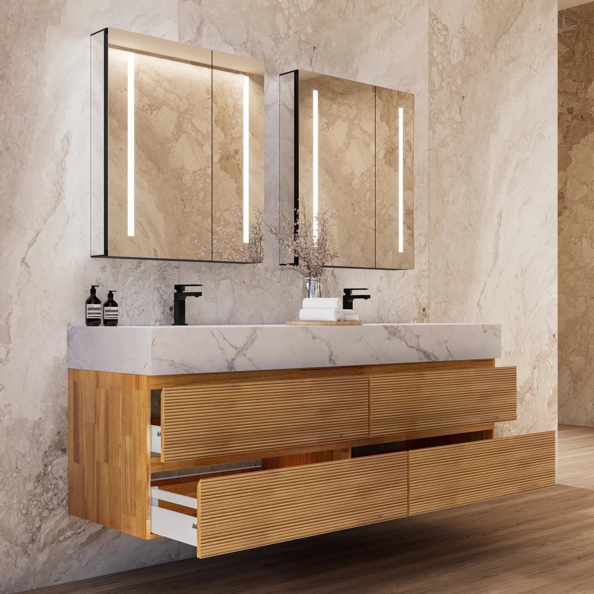 60" Oak Fluted Floating Vanity with Seamless Stone Double Sink - VanityIce Grey