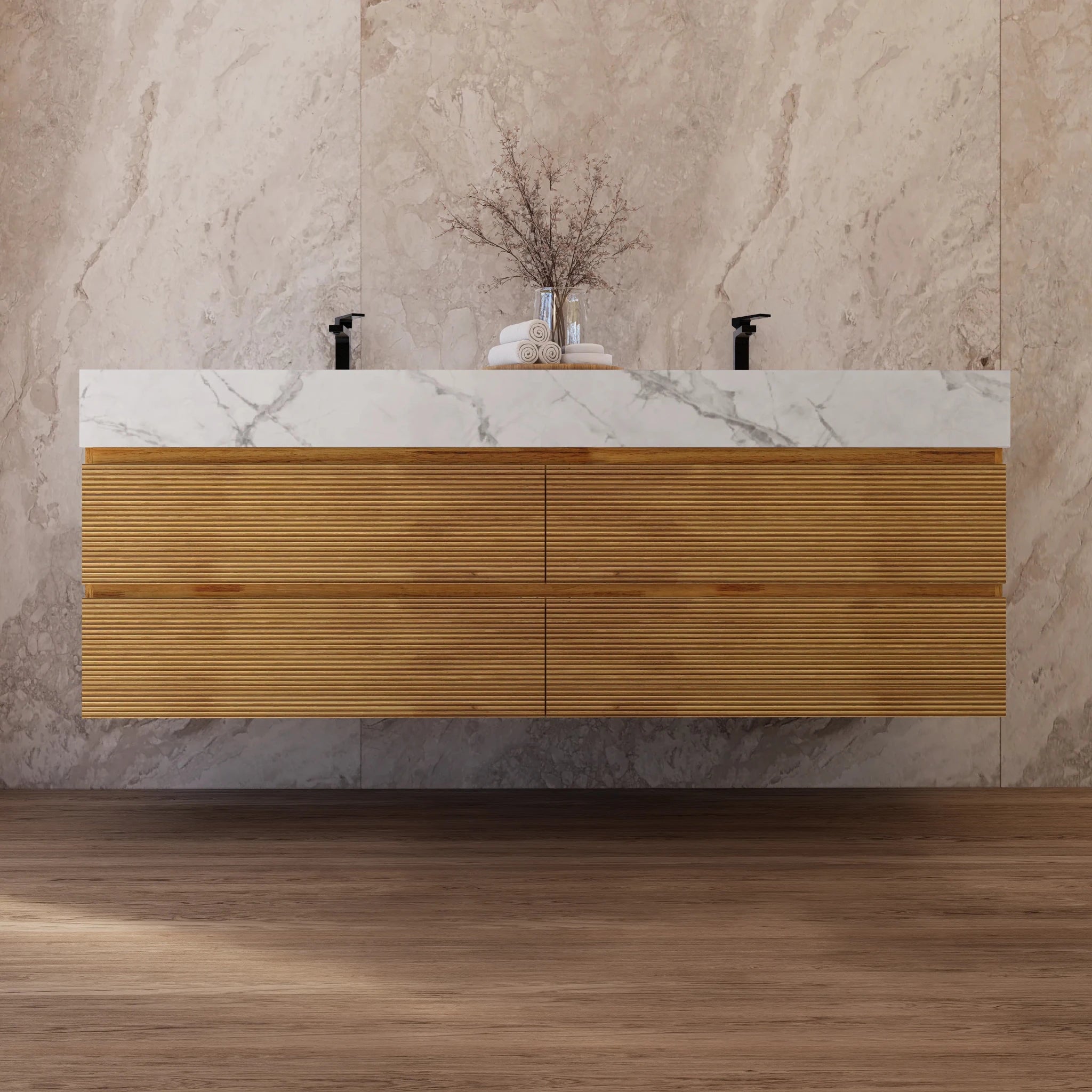 60" Oak Fluted Floating Vanity with Seamless Stone Double Sink - VanityIce Grey