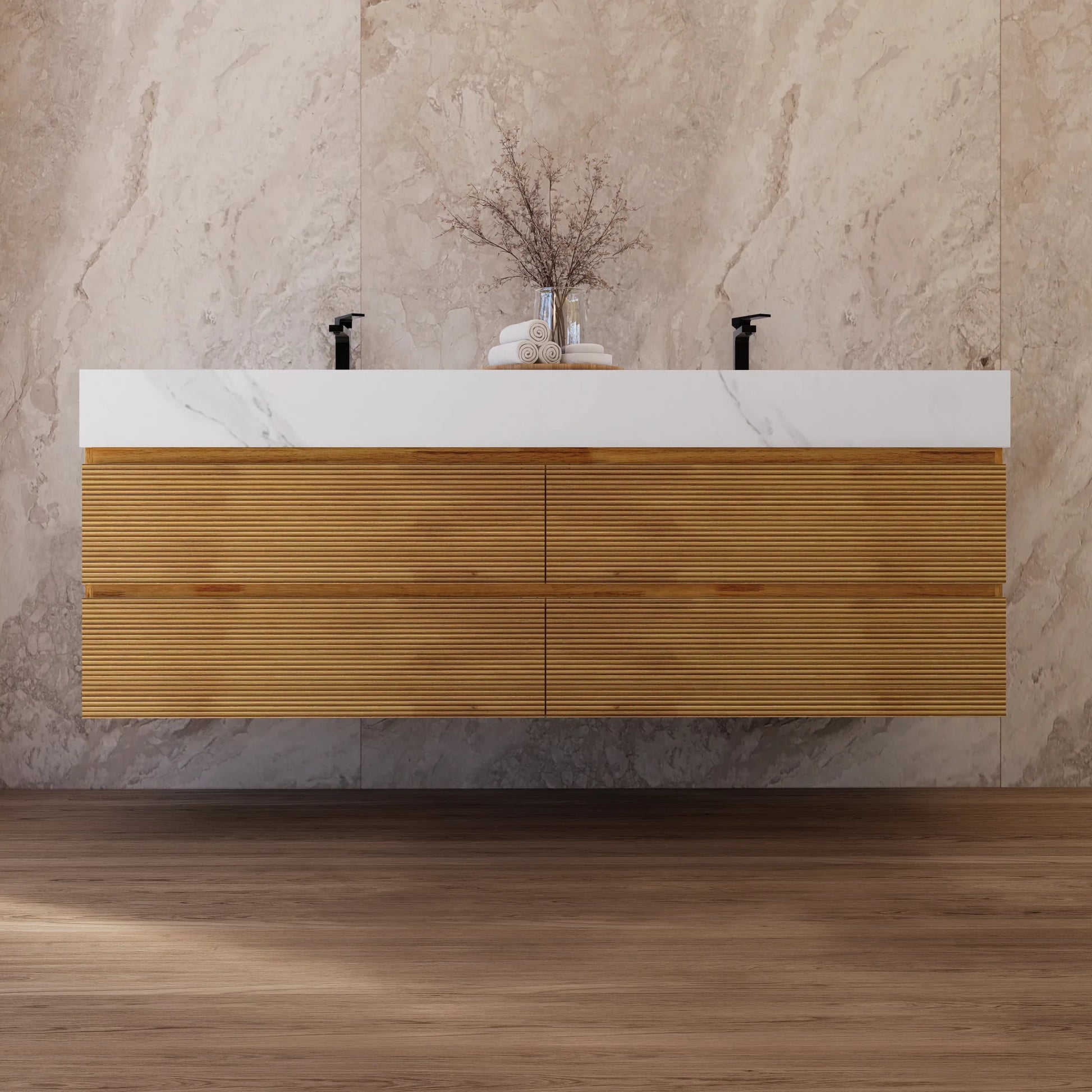 60" Oak Fluted Floating Vanity with Seamless Stone Double Sink - VanityWhite Carrara