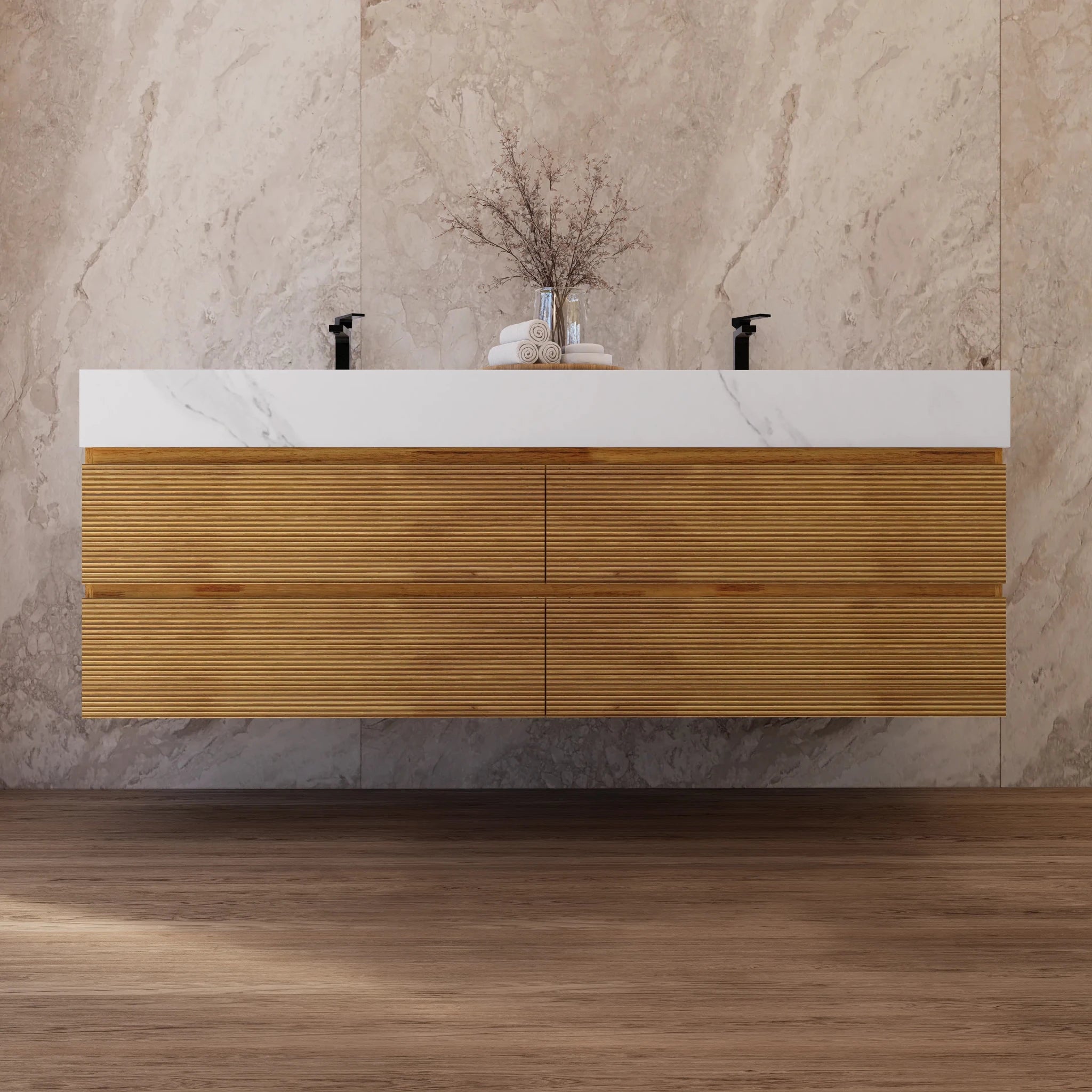 60" Oak Fluted Floating Vanity with Seamless Stone Double Sink - VanityWhite Carrara
