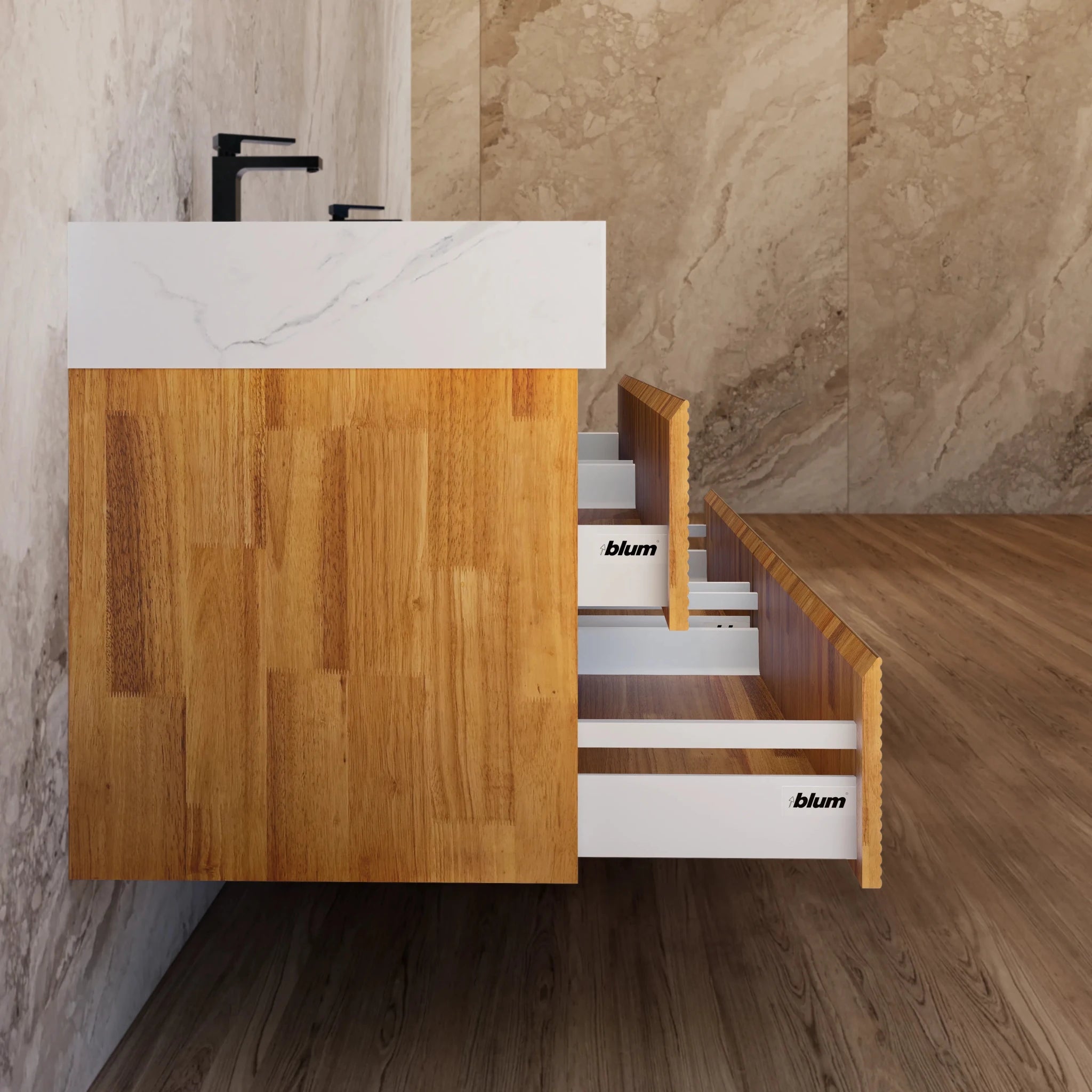 60" Oak Fluted Floating Vanity with Seamless Stone Double Sink - VanityWhite Carrara