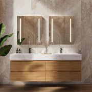 60" Oak Fluted Floating Vanity with Seamless Stone Double Sink - VanityWhite Carrara